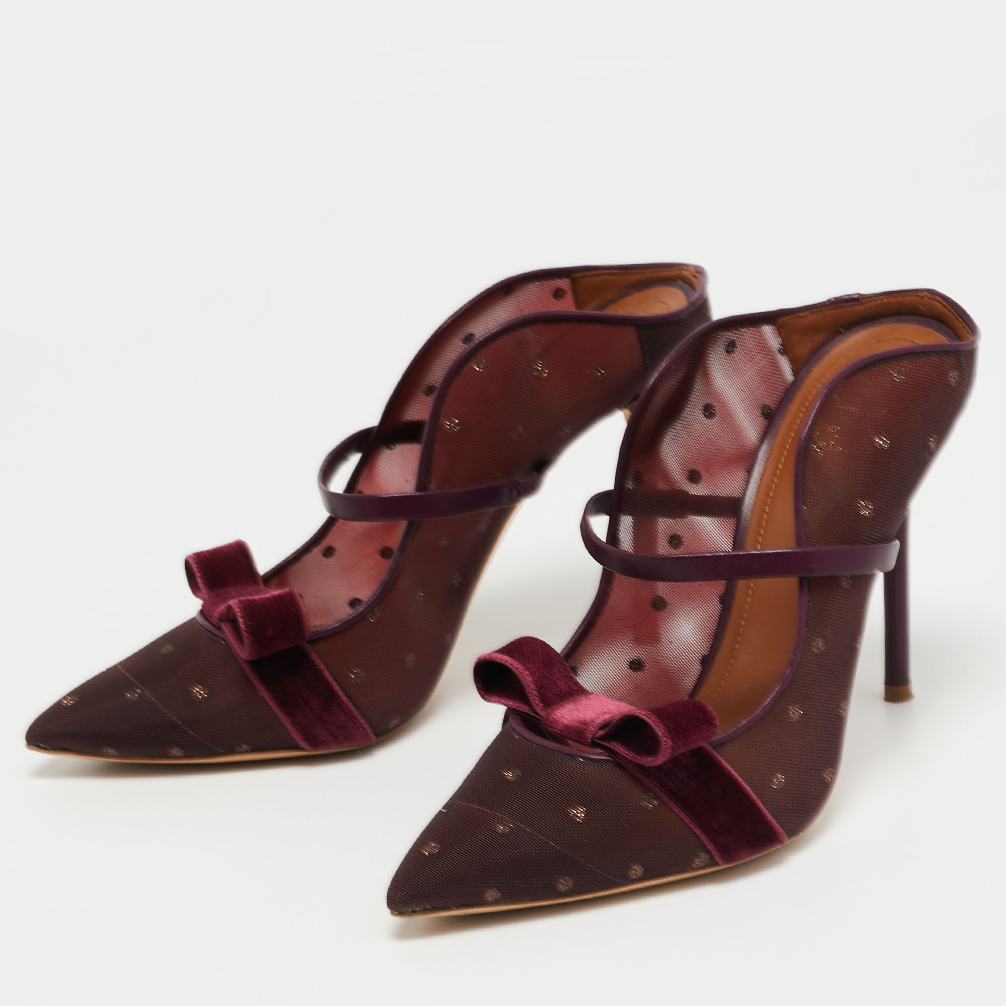

Malone Souliers Burgundy Mesh and Velvet Marguerite Bow Mules Size