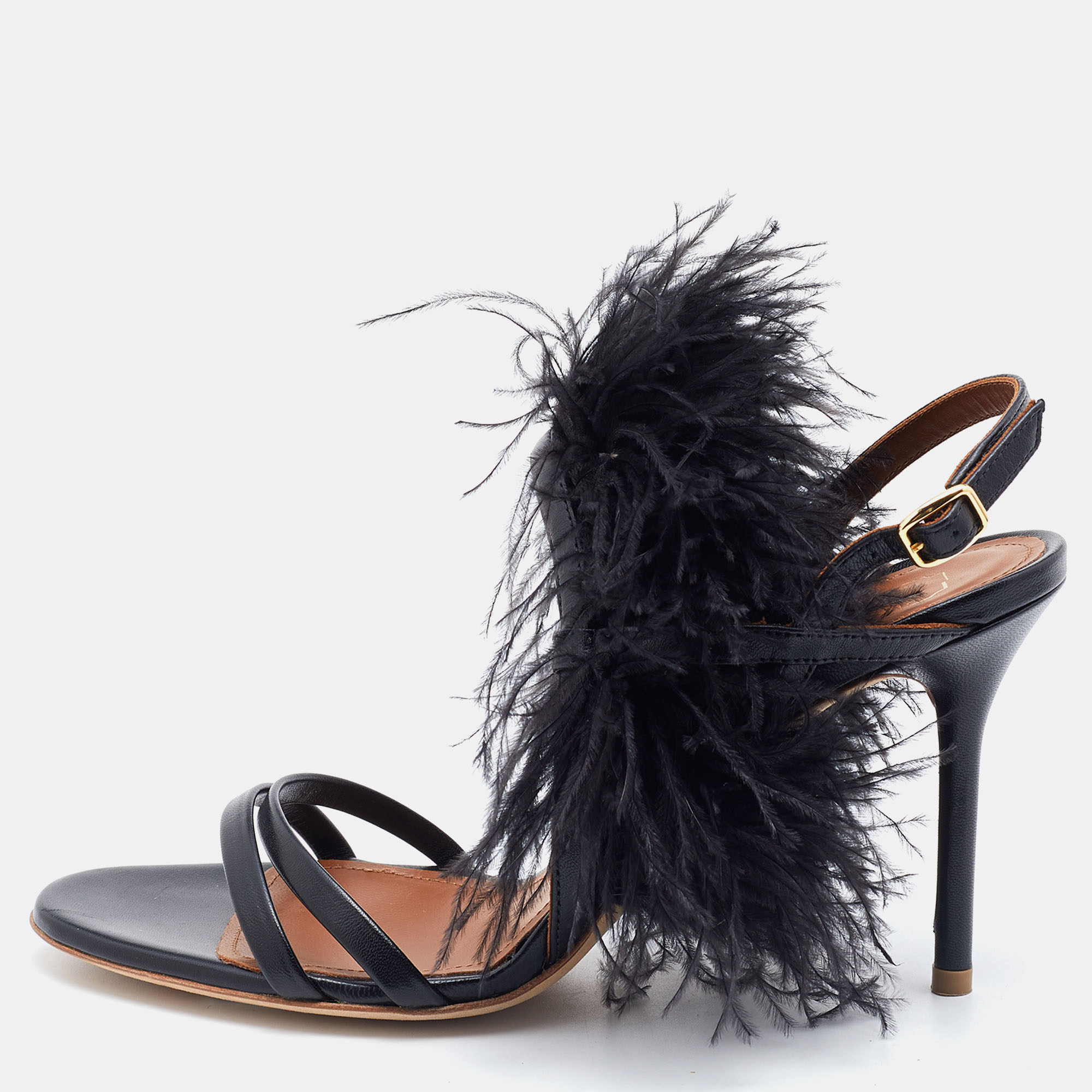 Pre-owned Malone Souliers Black Leather Sonia Feather Slide Sandals Size 37