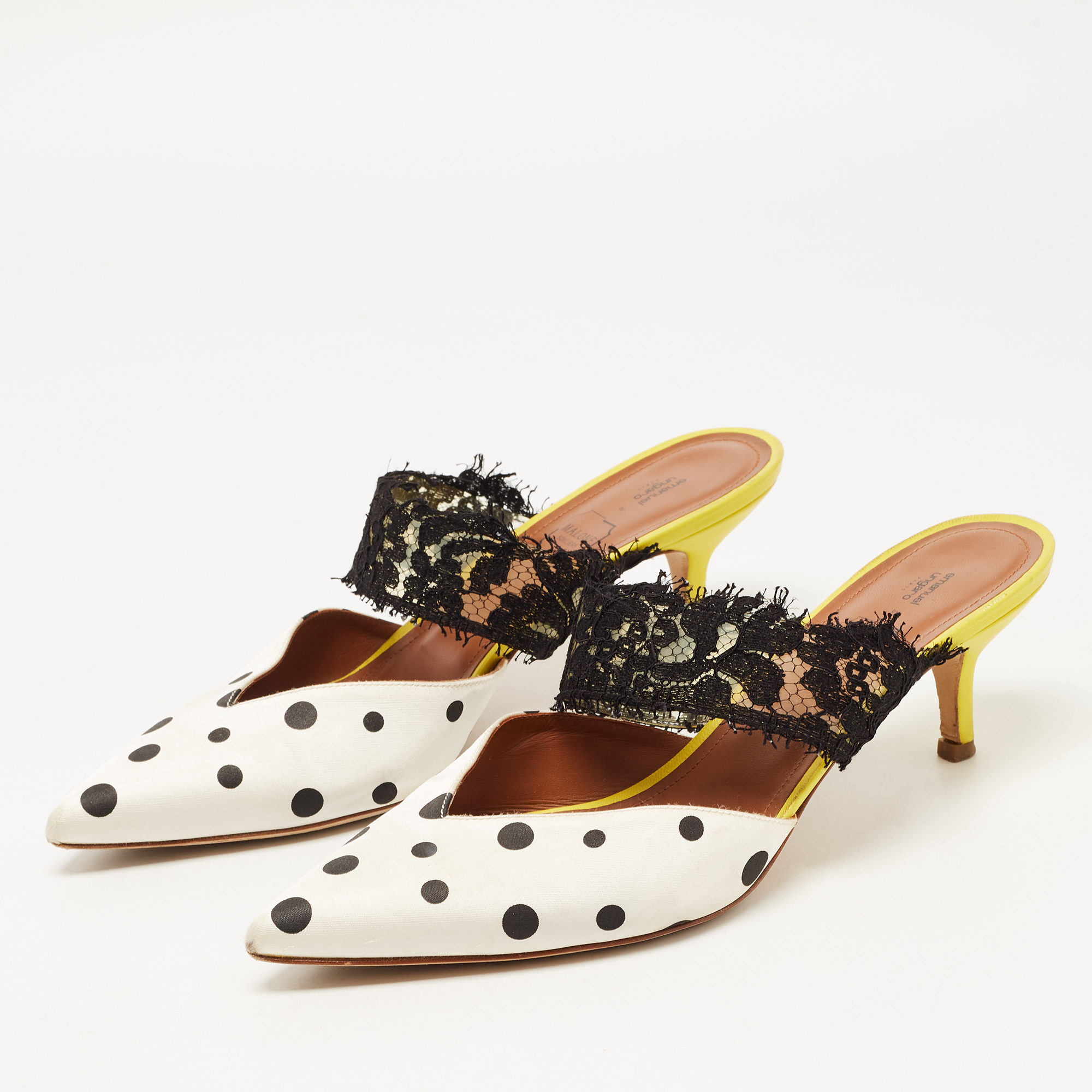 

Malone Souliers x Emanuel Ungaro White/Black Polka Dot Satin and Lace Maisie Mules Size