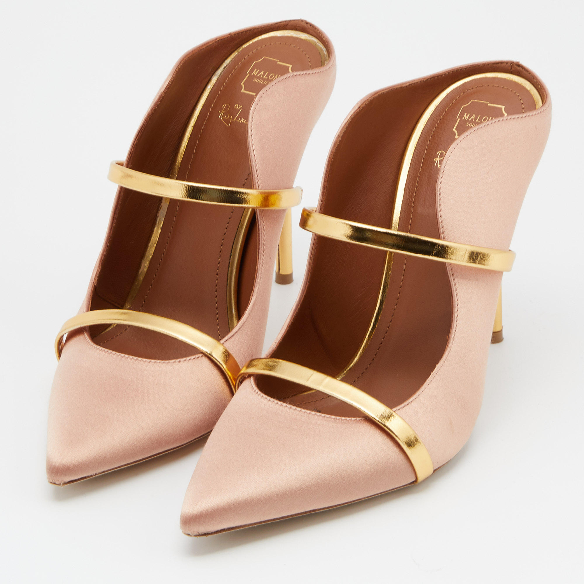 

Malone Souliers Pink/Gold Satin and Leather Maureen Mules Size