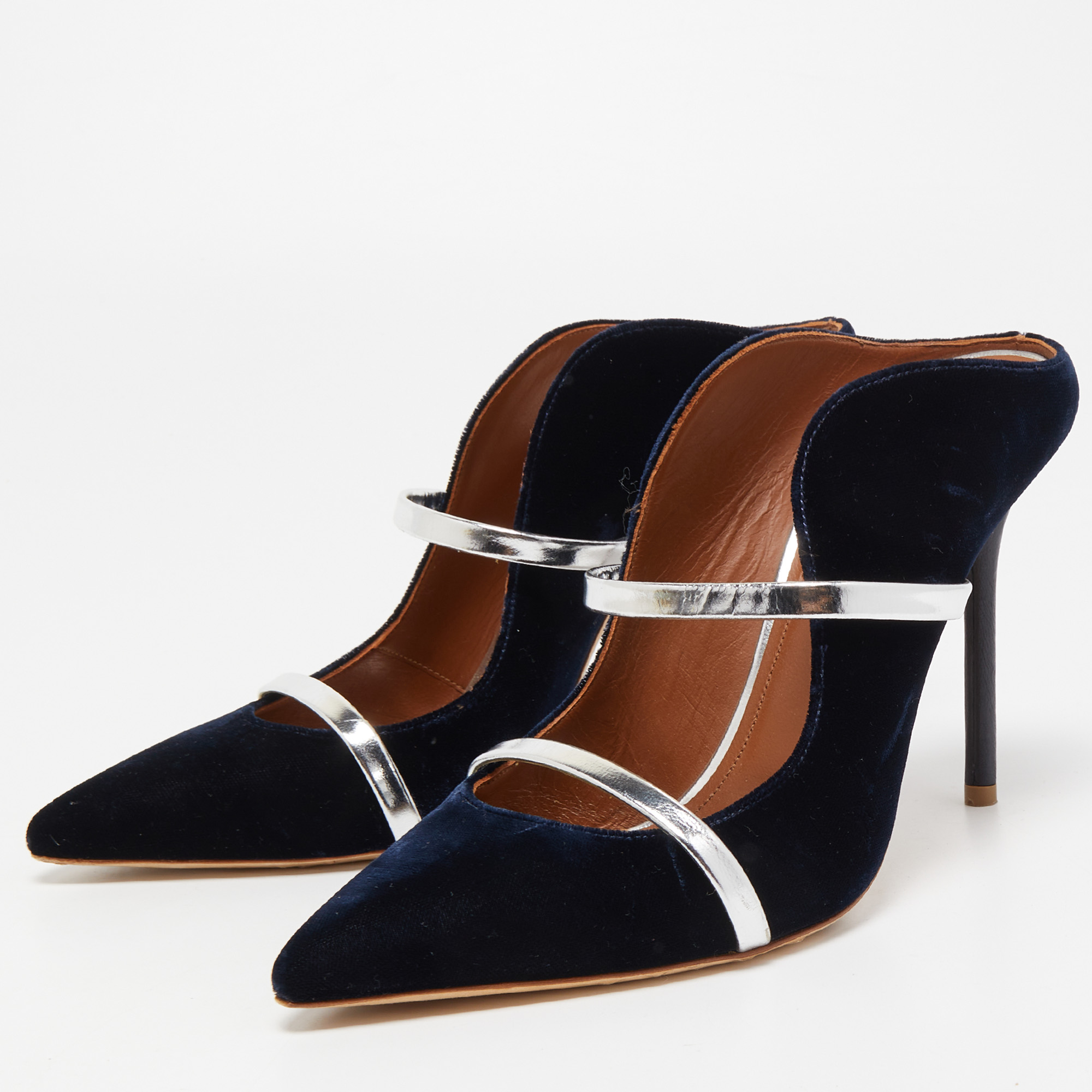

Malone Souliers Navy Blue/Silver Velvet and Leather Maureen Mules Size