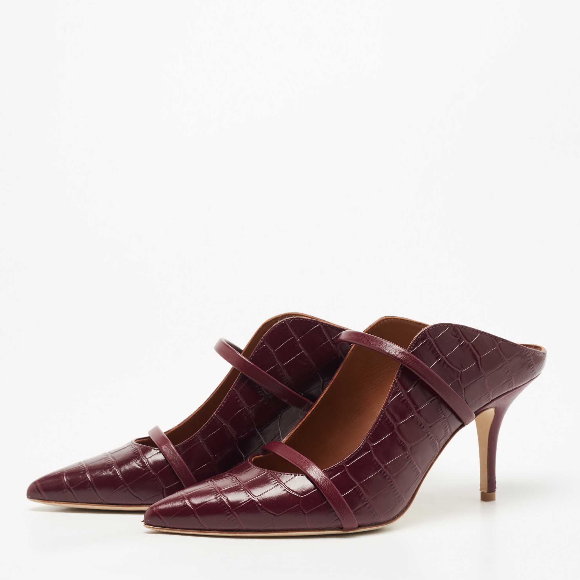 

Malone Souliers Burgundy Croc Embossed Leather Maureen Pointed Toe Mules Size