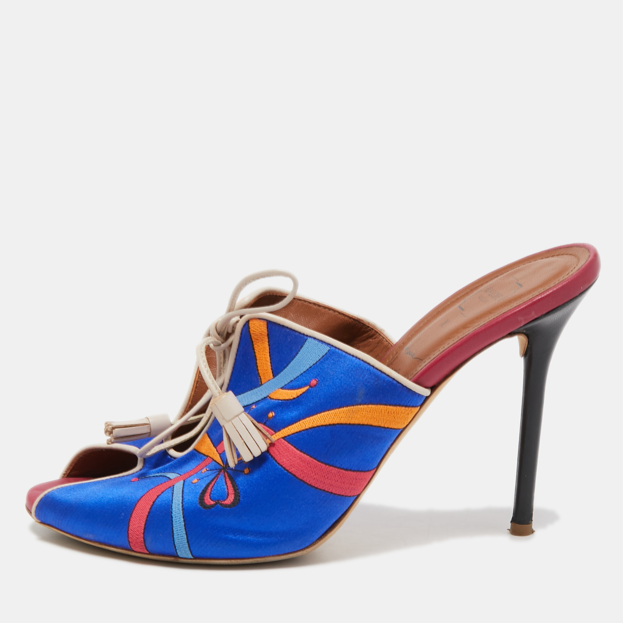 

Malone Souliers Blue Embroidered Satin Peep Toe Lace Up Mules Size