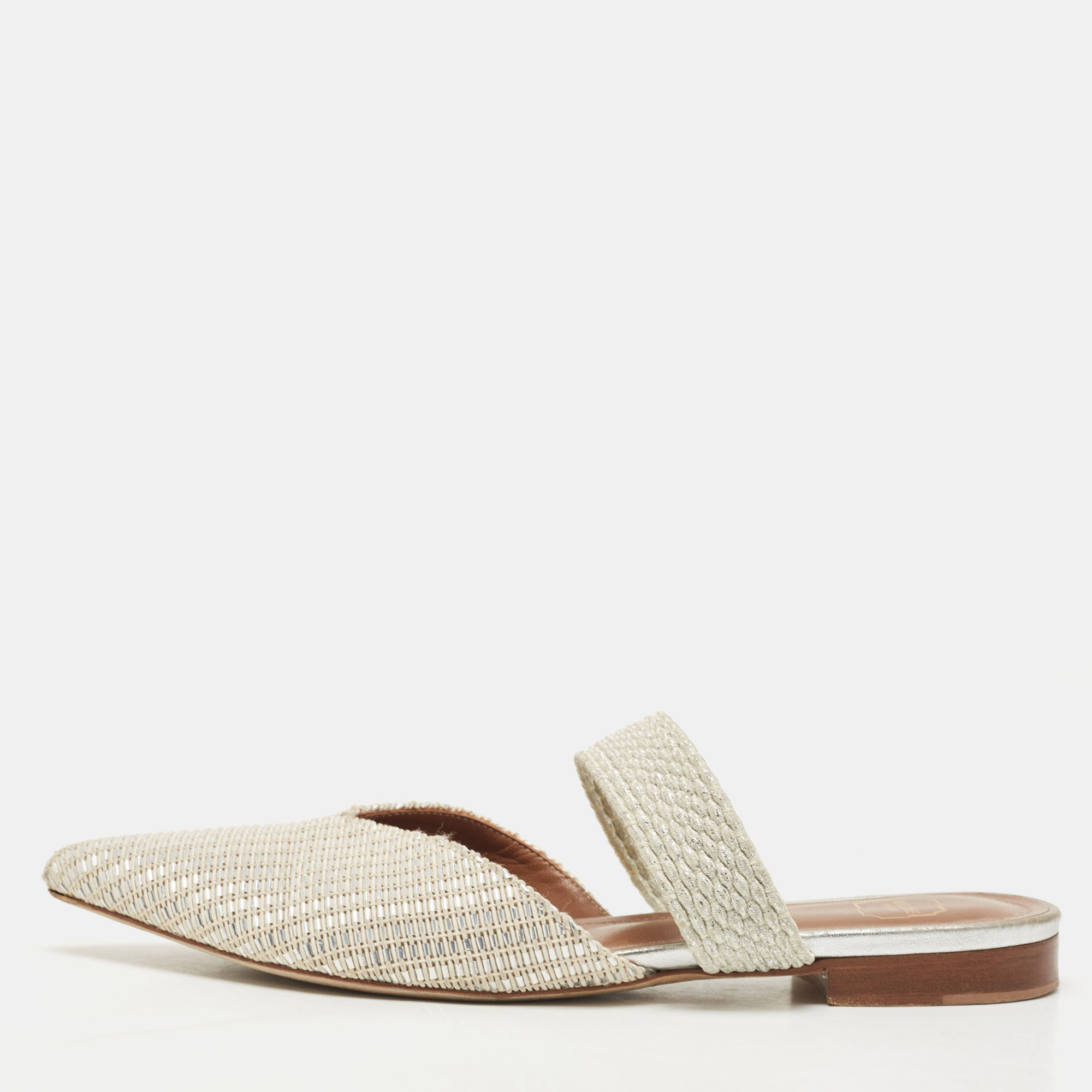 

Malone Souliers Two Tone Woven Canvas Maisie Flat Mules Size, Silver