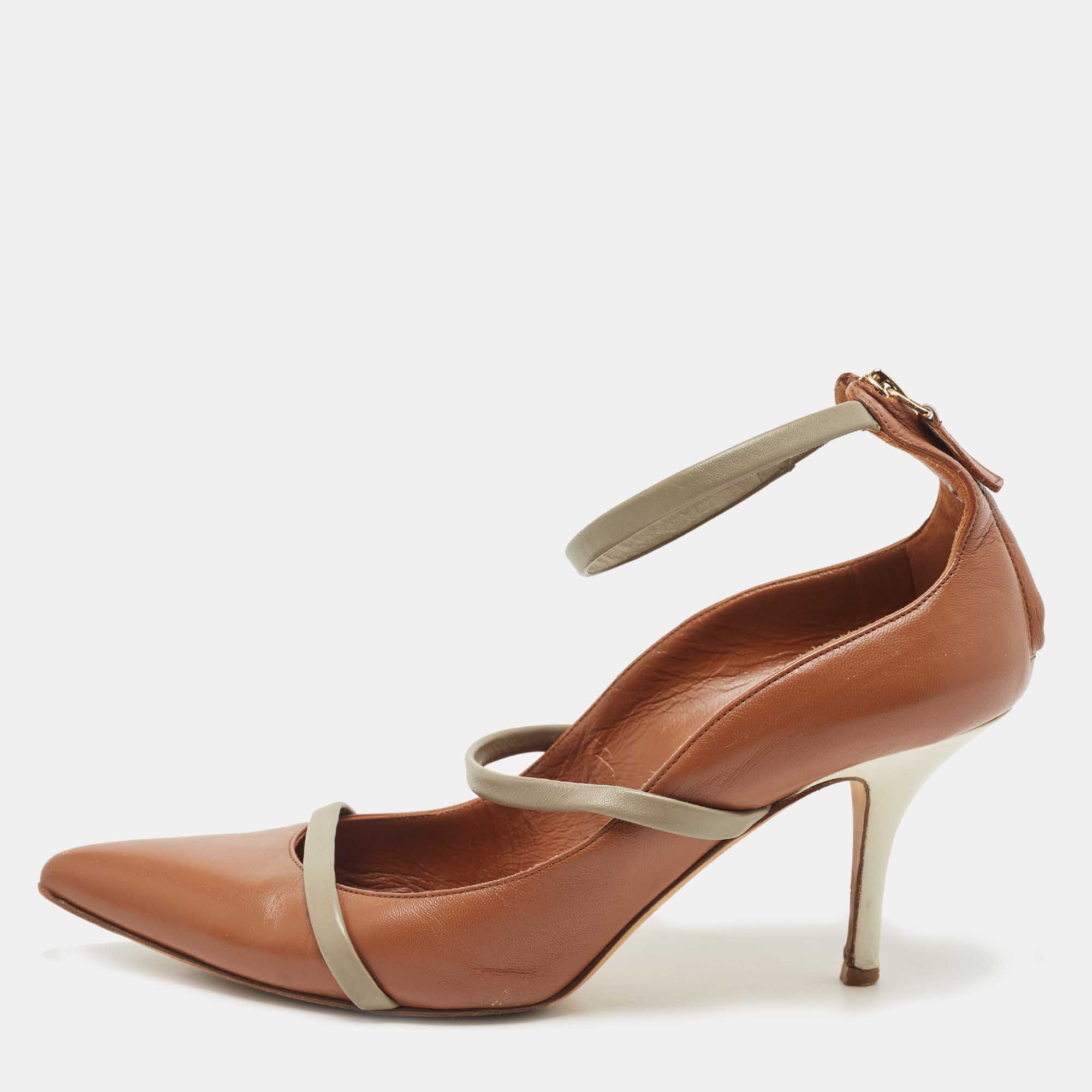 

Malone Souliers Brown/Grey Leather Robyn Ankle Strap Pumps Size