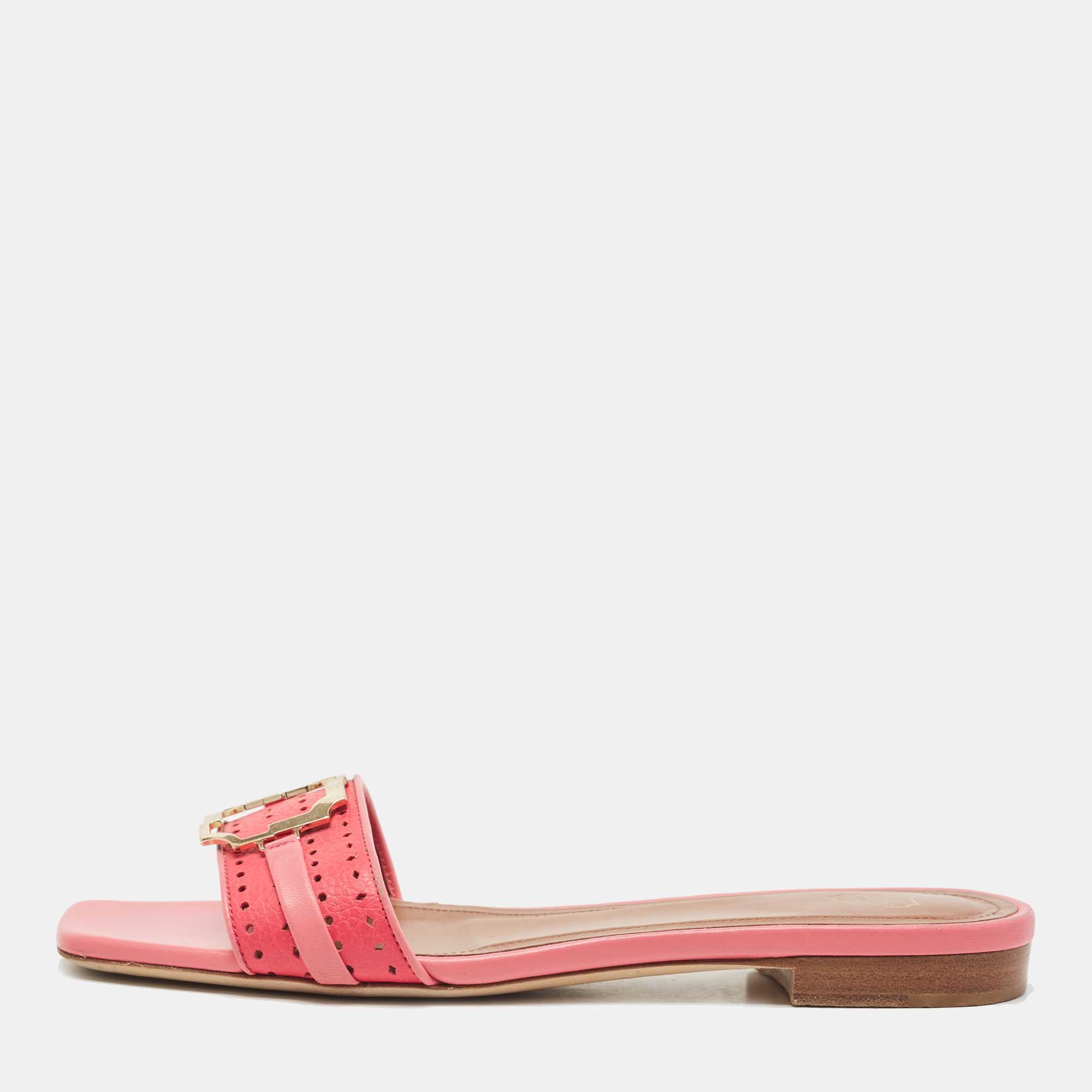 

Malone Souliers Pink Leather Coral Perforated Gena Flat Slides Size