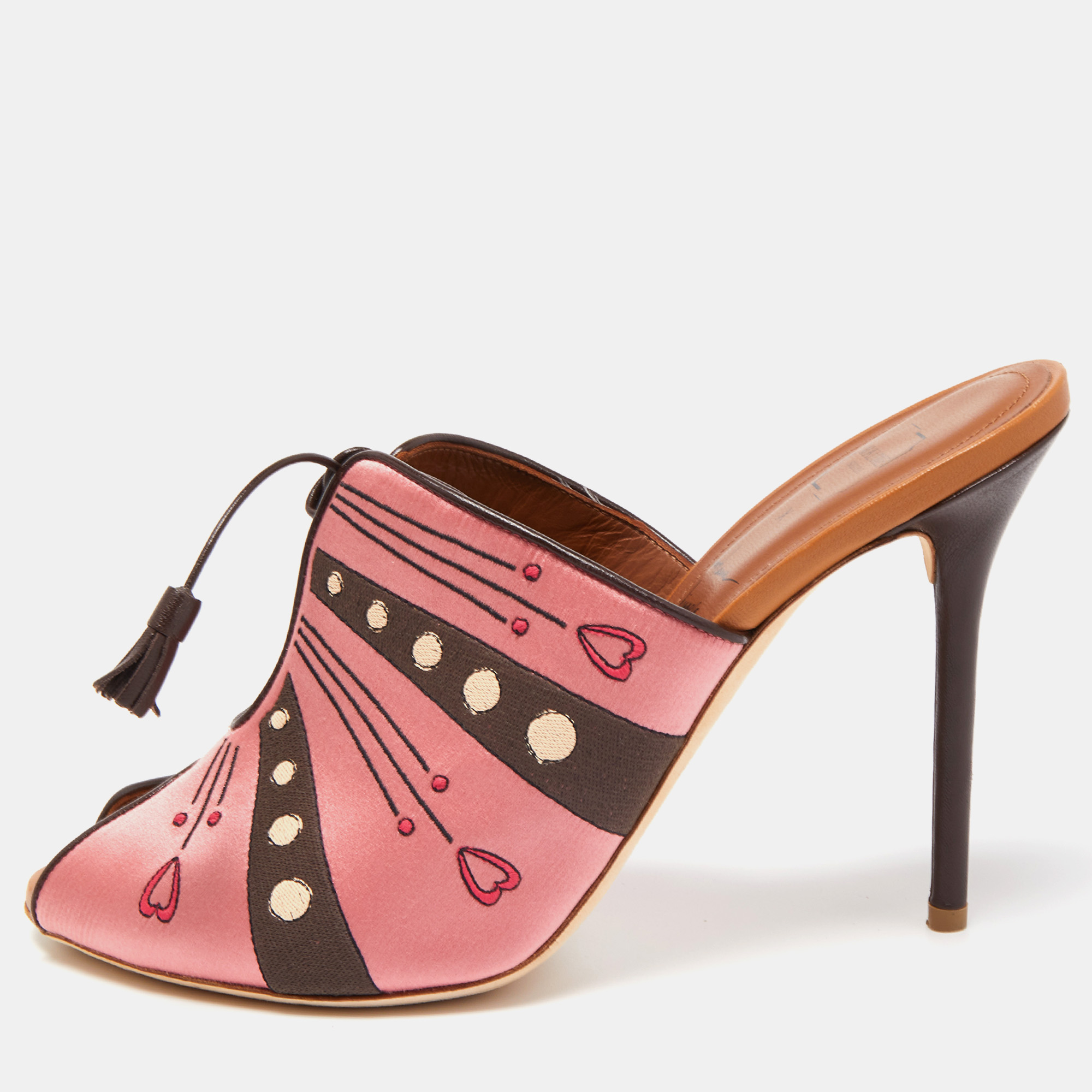 Pre-owned Malone Souliers X Natalia Vodianova Pink/brown Satin Embroidered Open Toe Mules Size 41