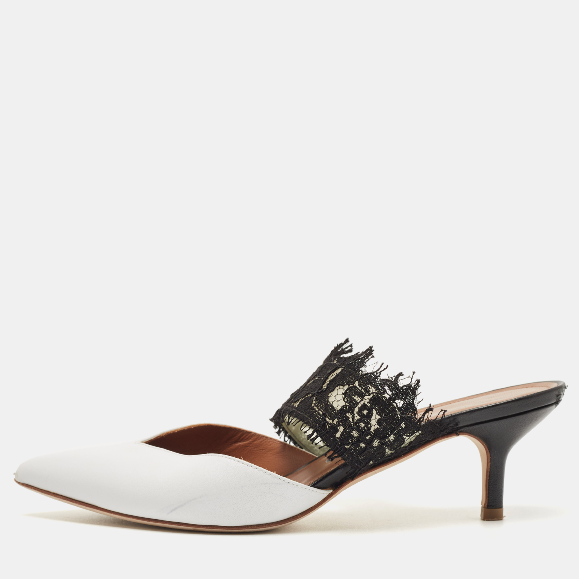 Pre-owned Malone Souliers White/black Lace And Leather Maisie Mules Size 36