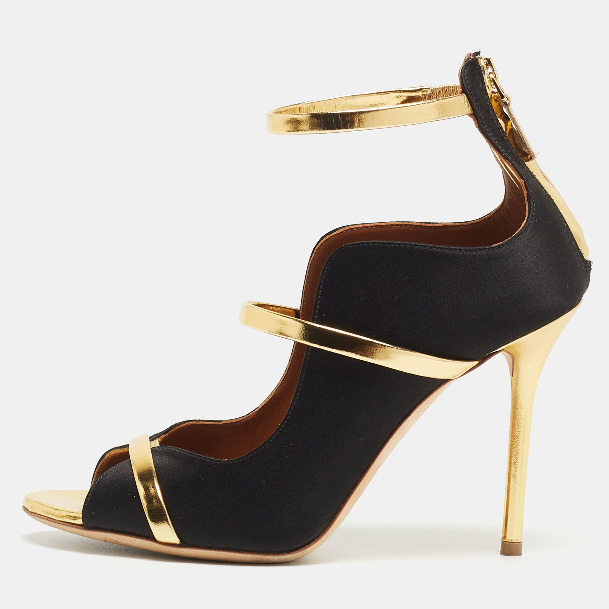 

Malone Souliers Gold/Black Satin and Leather Mika Triple Band Sandals Size
