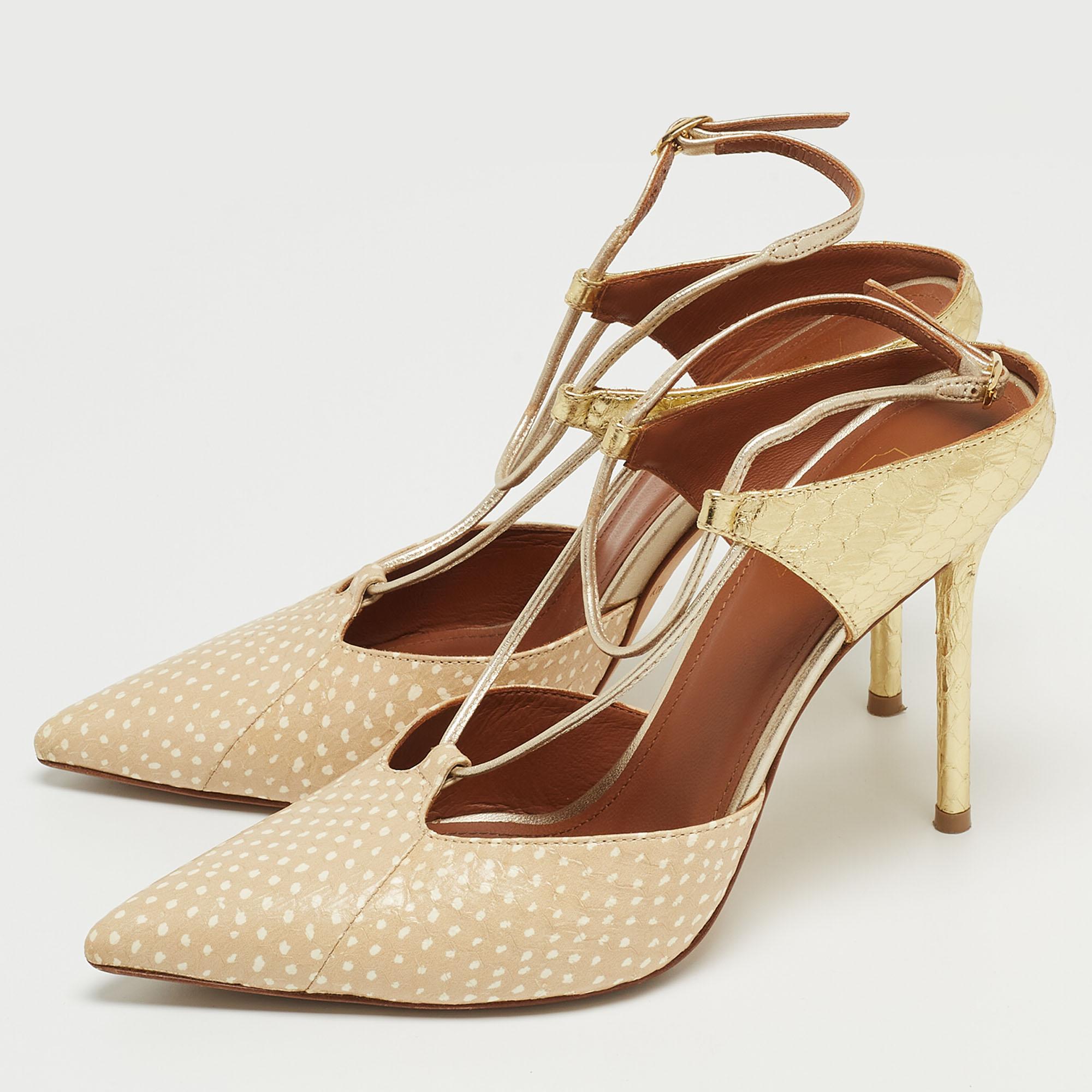 

Malone Souliers Beige/Gold Printed Leather and Embossed Python Daria Pumps Size