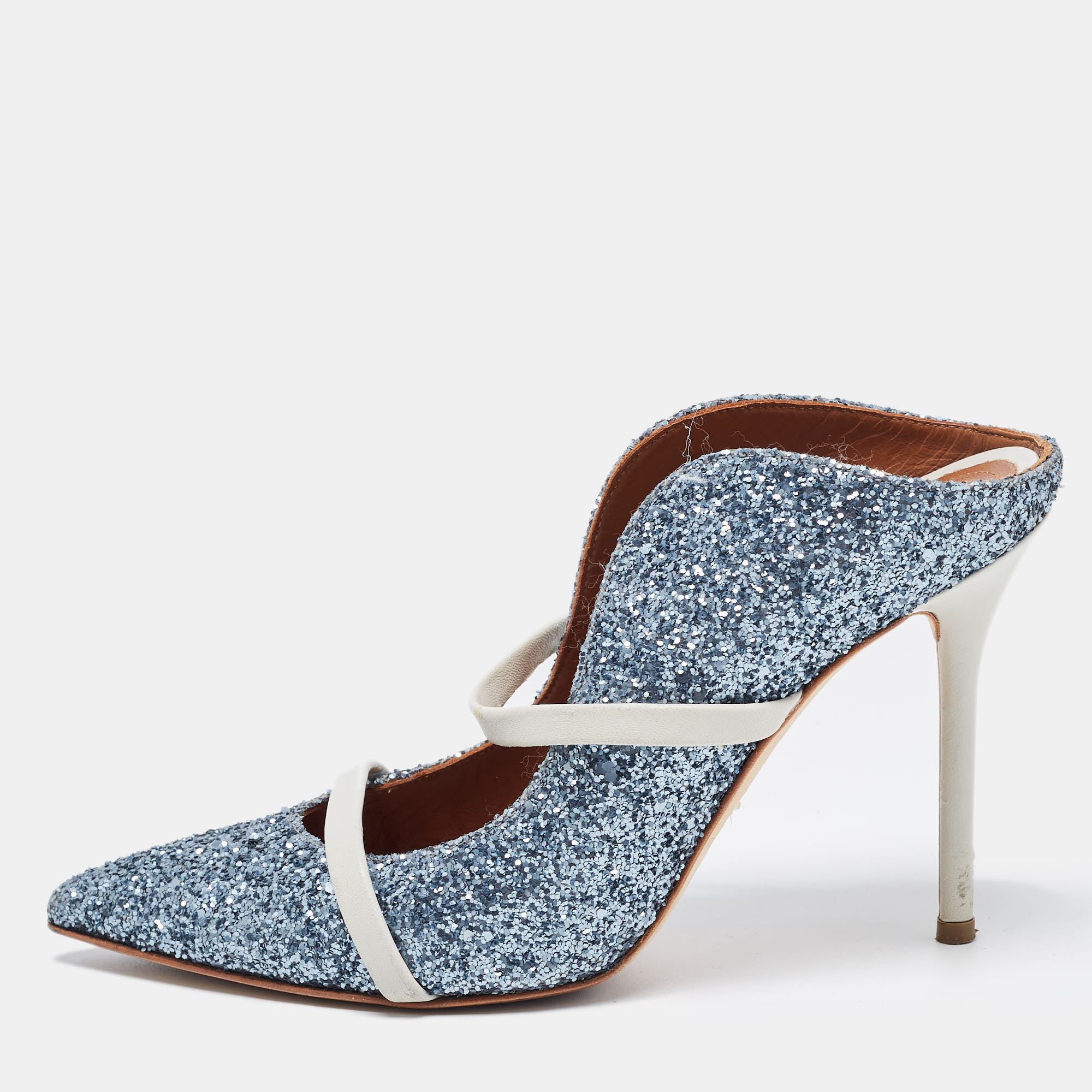 

Malone Souliers Blue Coarse Glitter and Leather Maureen Mules Size