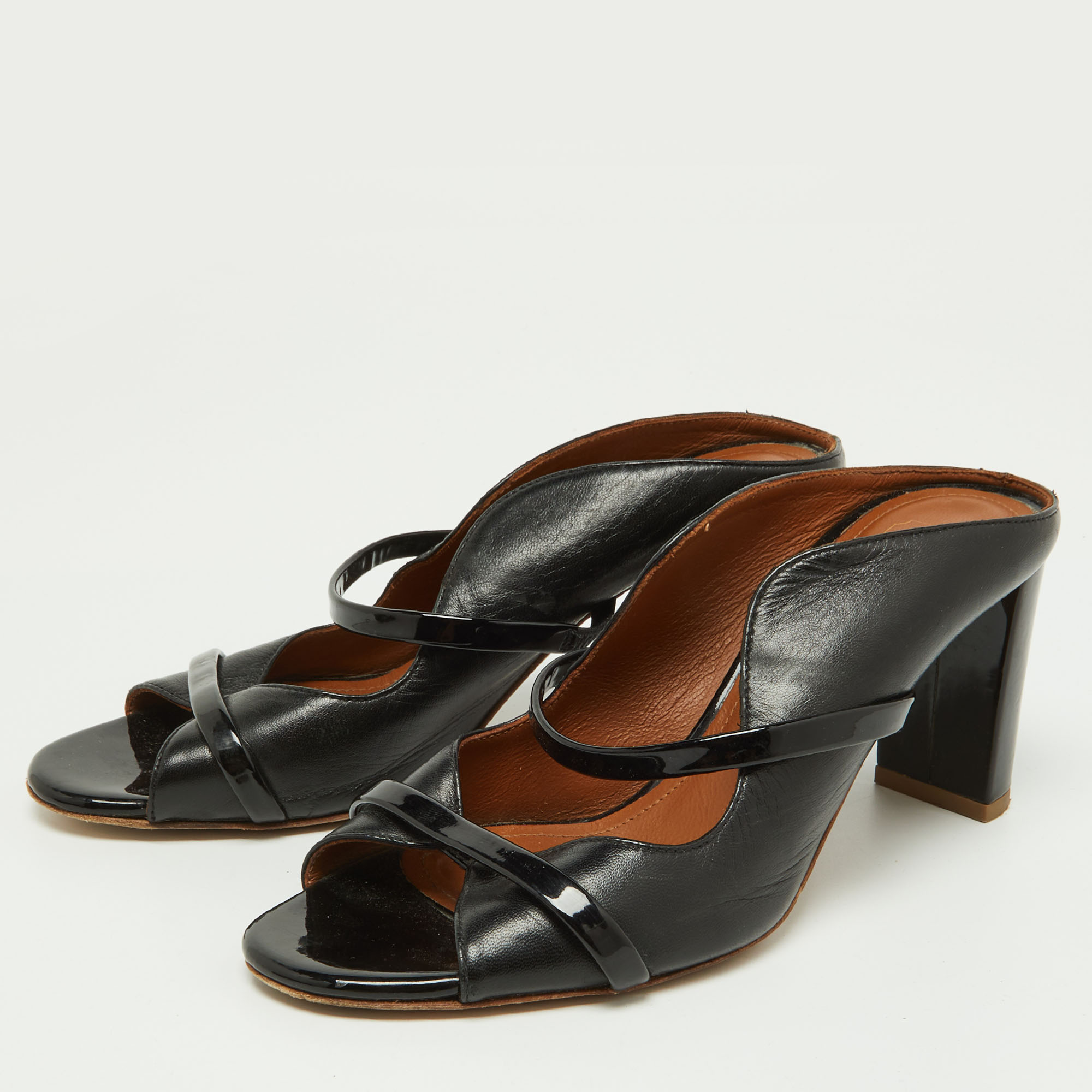 

Malone Souliers Black Leather and Patent Norah Mules Size