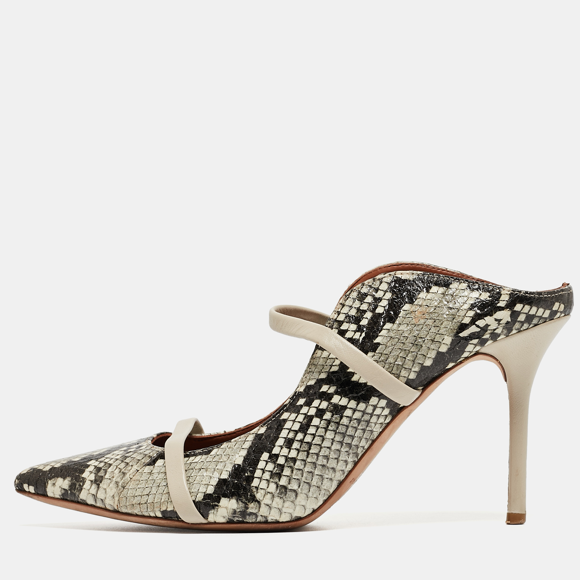 

Malone Souliers Grey/Black Python Embossed Leather Maureen Mules Size