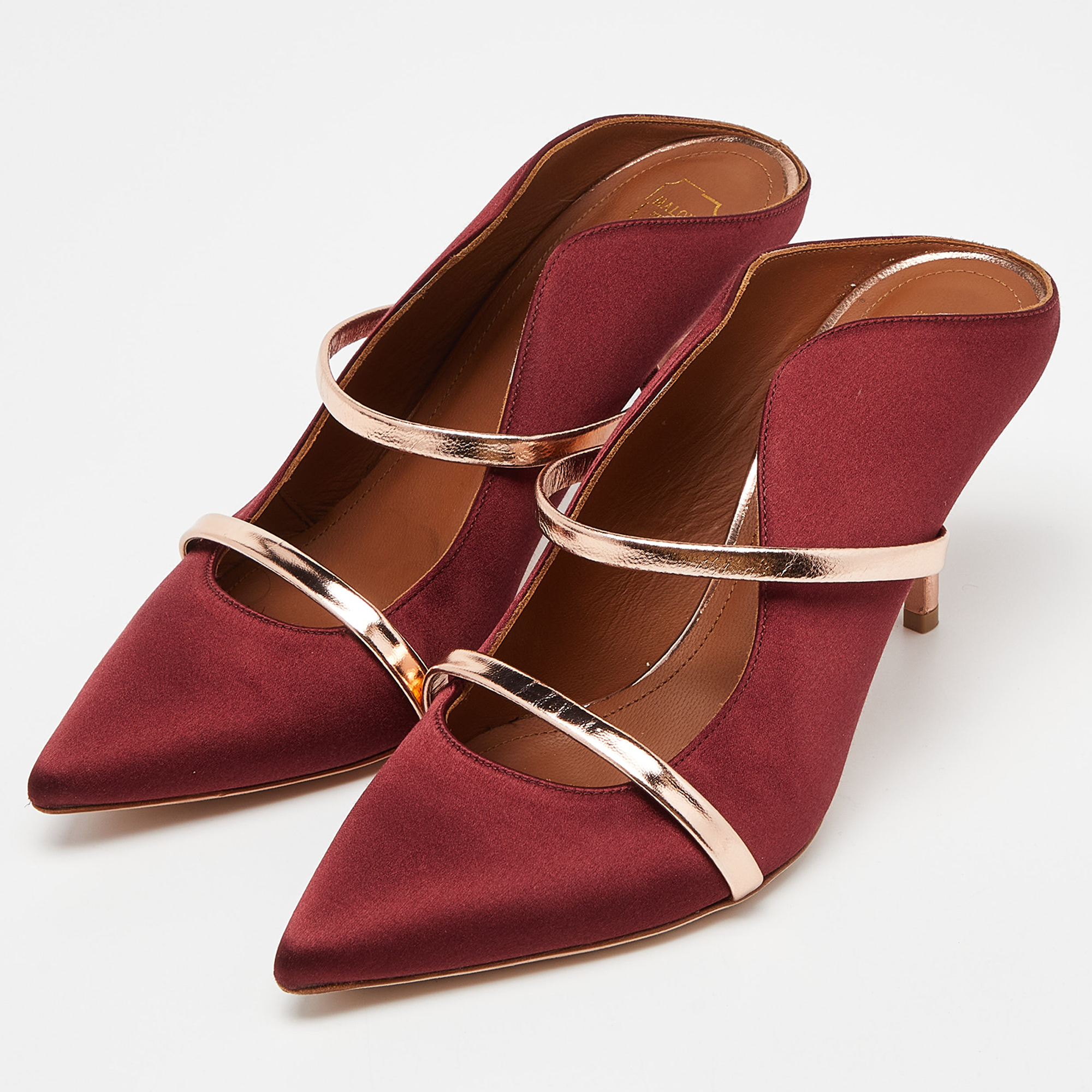 

Malone Souliers Burgundy/Rose Gold Satin and Leather Maureen Pointed Toe Mules Size
