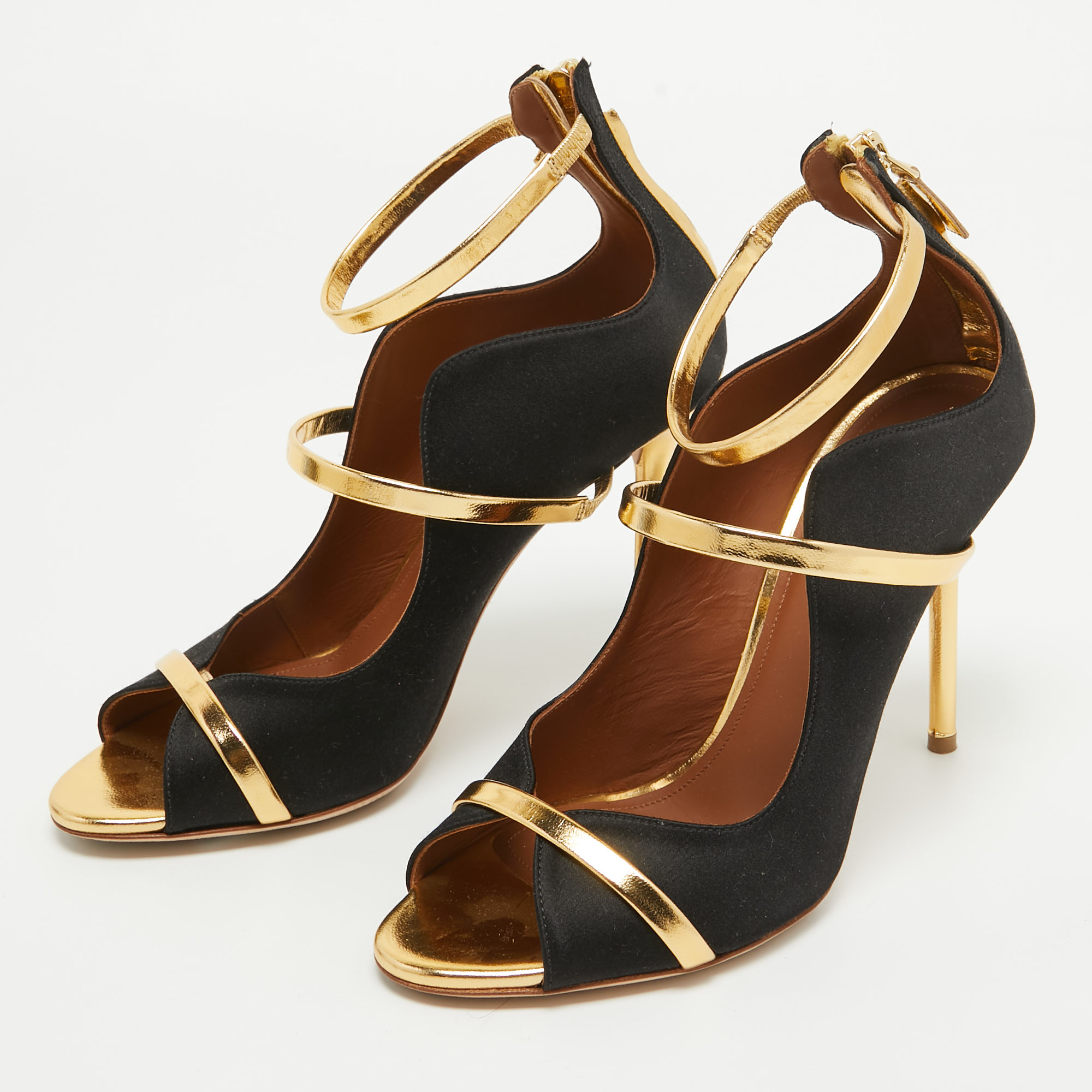 

Malone Souliers Black/Gold Satin and Leather Mika Sandals Size