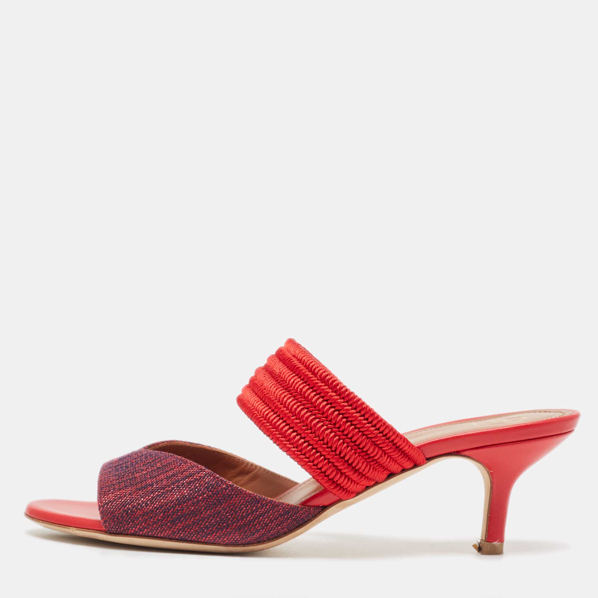 Pre-owned Malone Souliers Two Tone Canvas And Woven Fabric Milena Slide Sandals Size 36.5 In Red