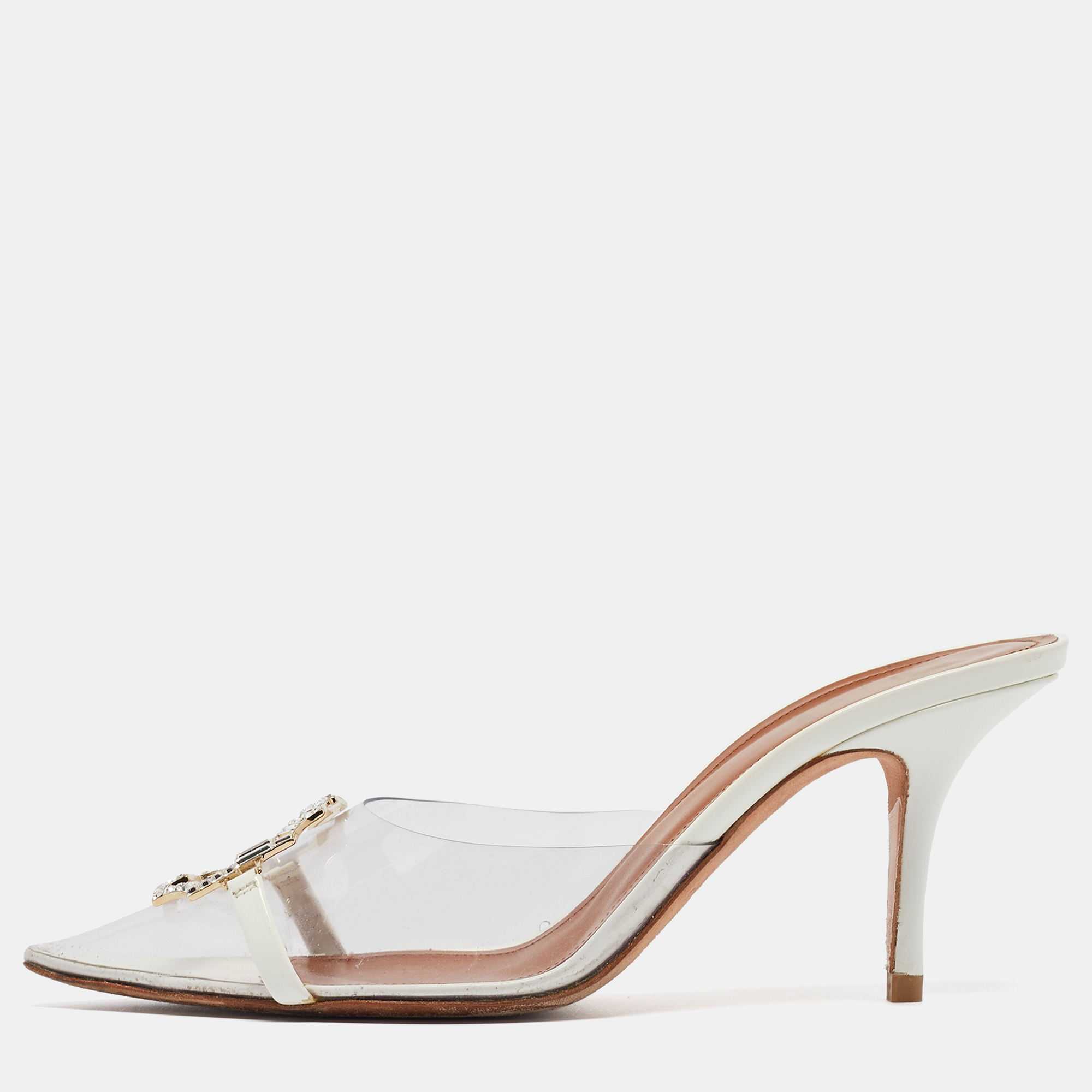 

Malone Souliers Transparent/White PVC and Patent Missy Mules Size