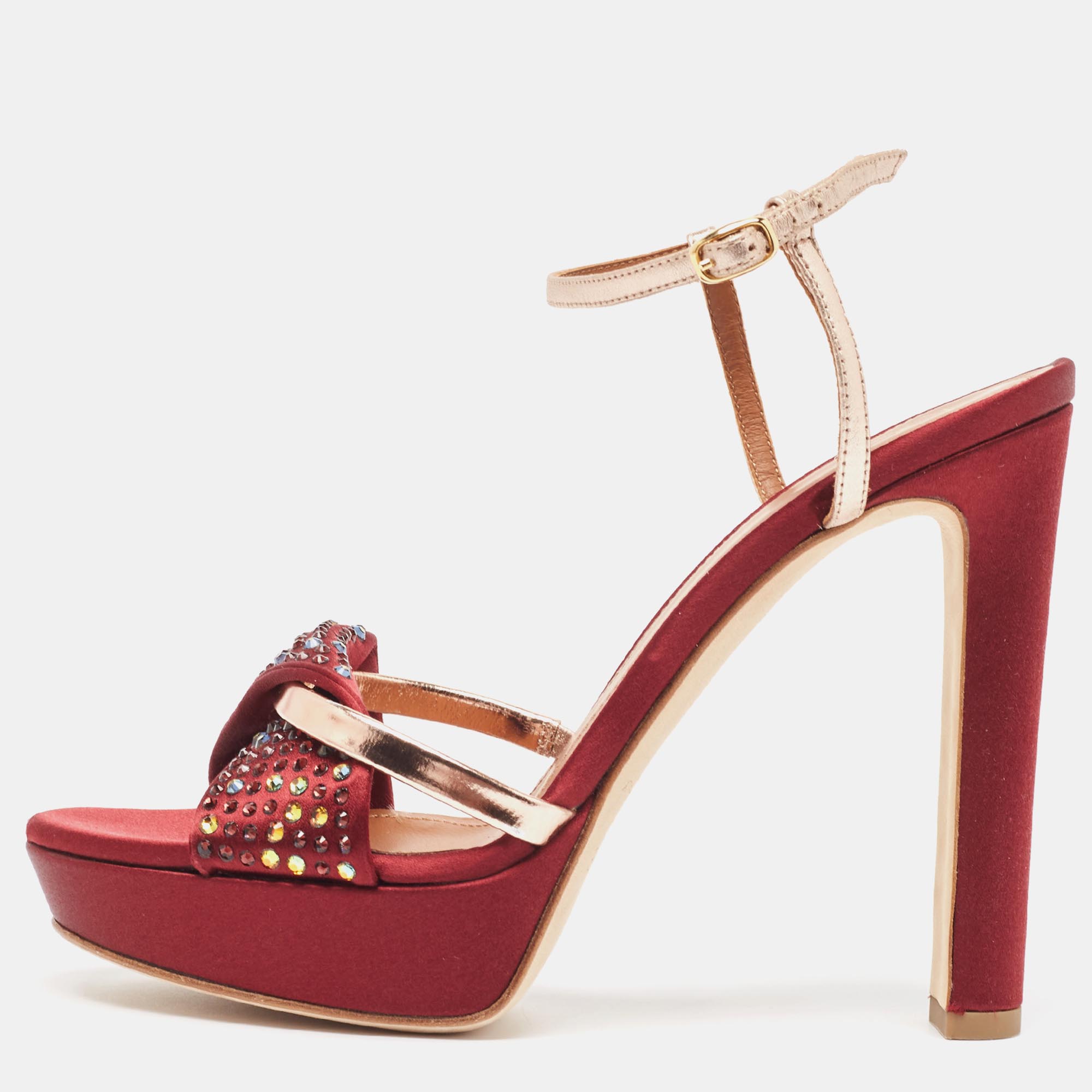 Pre-owned Malone Souliers Burgundy/gold Satin And Leather Embellished Platform Sandals Size 37.5