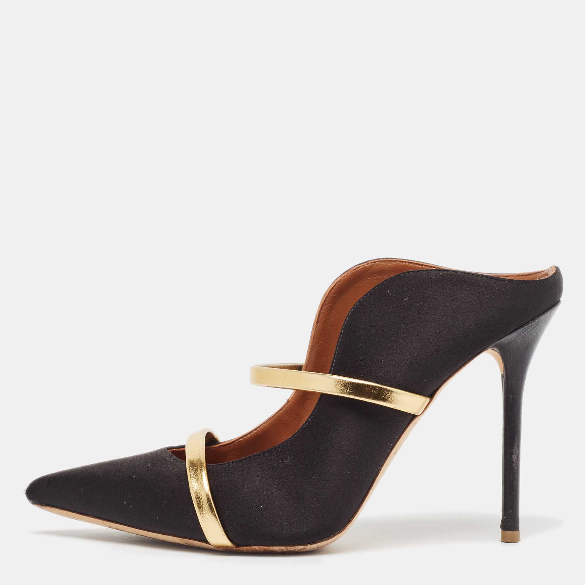 

Malone Souliers Black/Gold Satin and Leather Maureen Mules Size