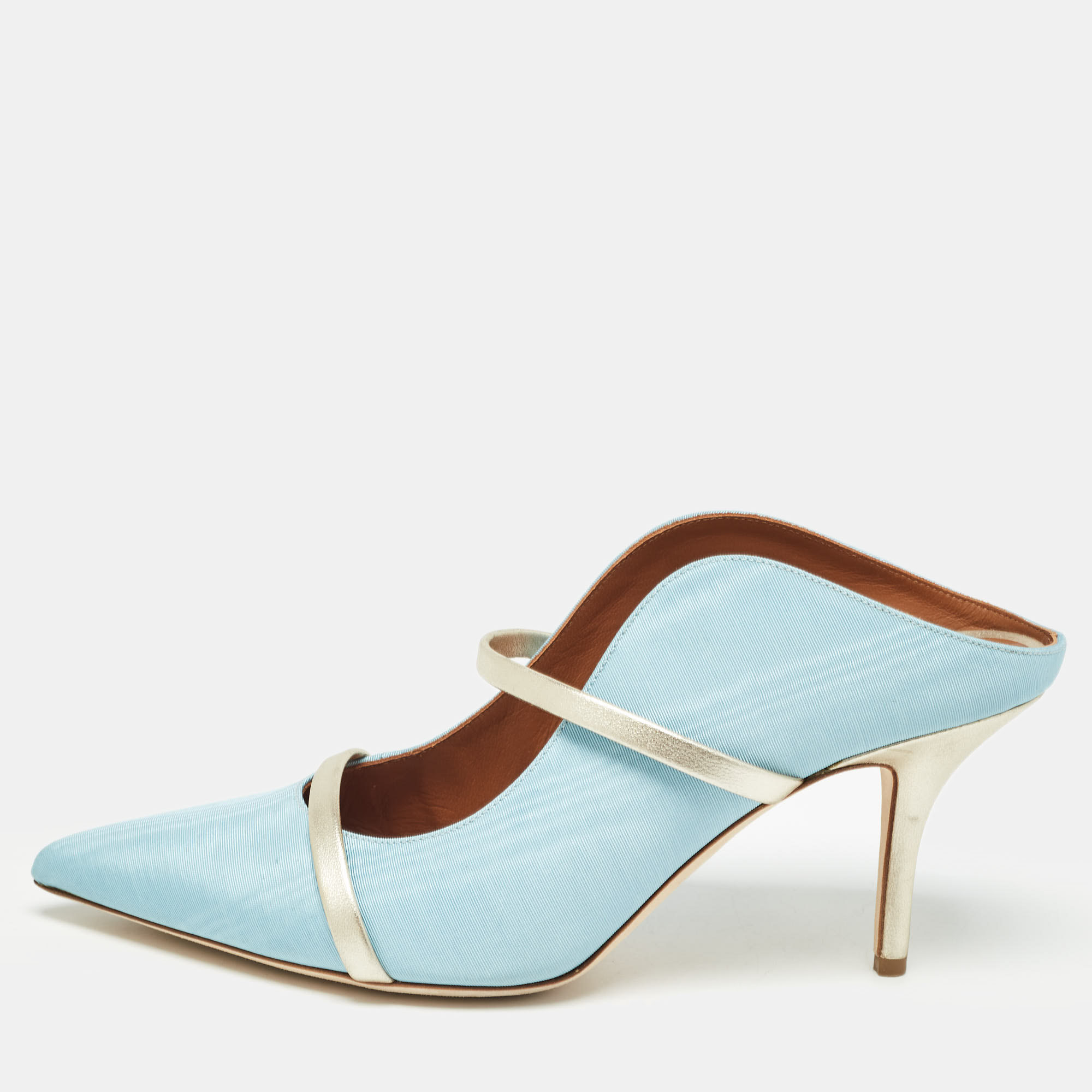 

Malone Souliers Light Blue Fabric and Leather Maureen Heel Mules Size