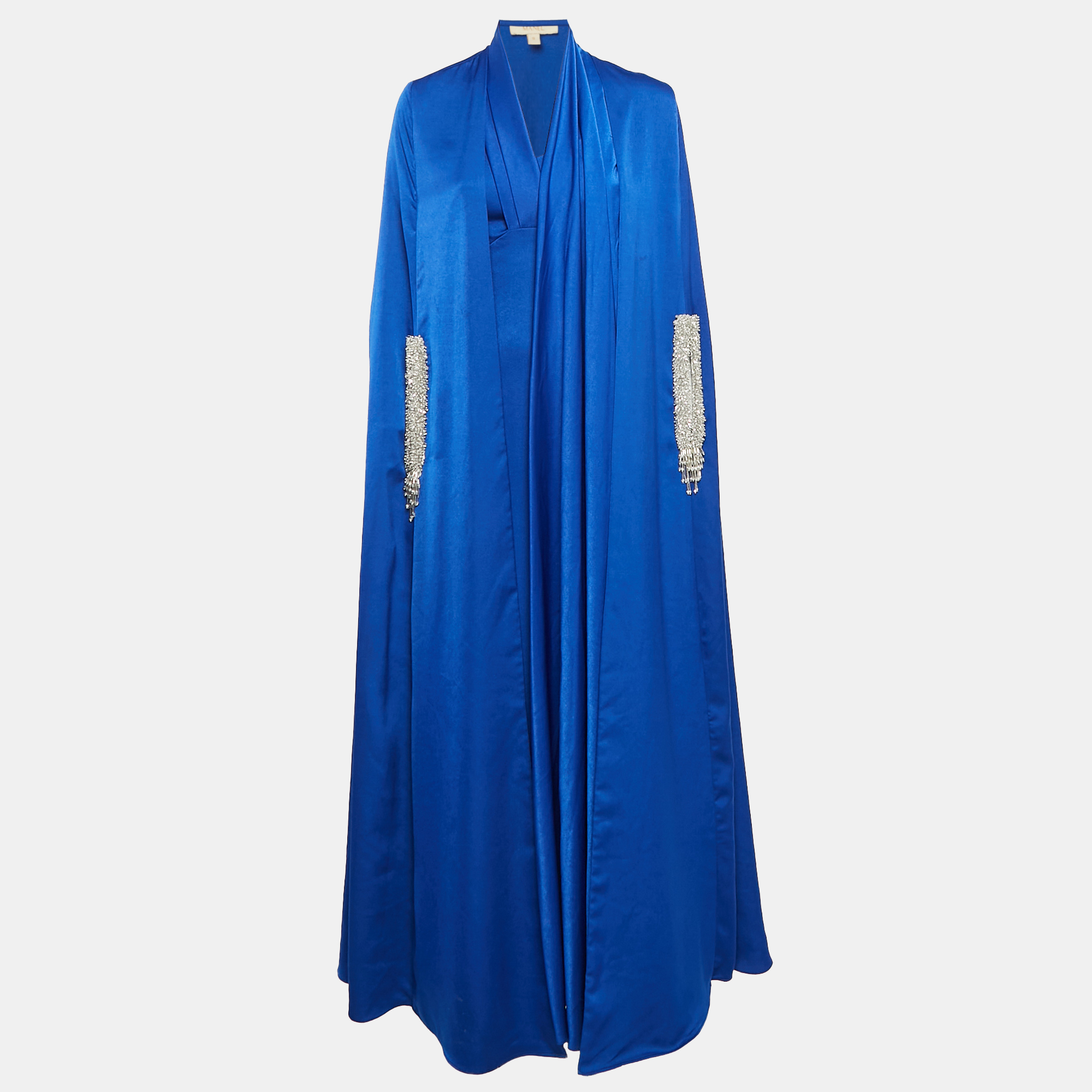 

Manel Blue Satin Drape Neck Noor Cape and Gown Set S