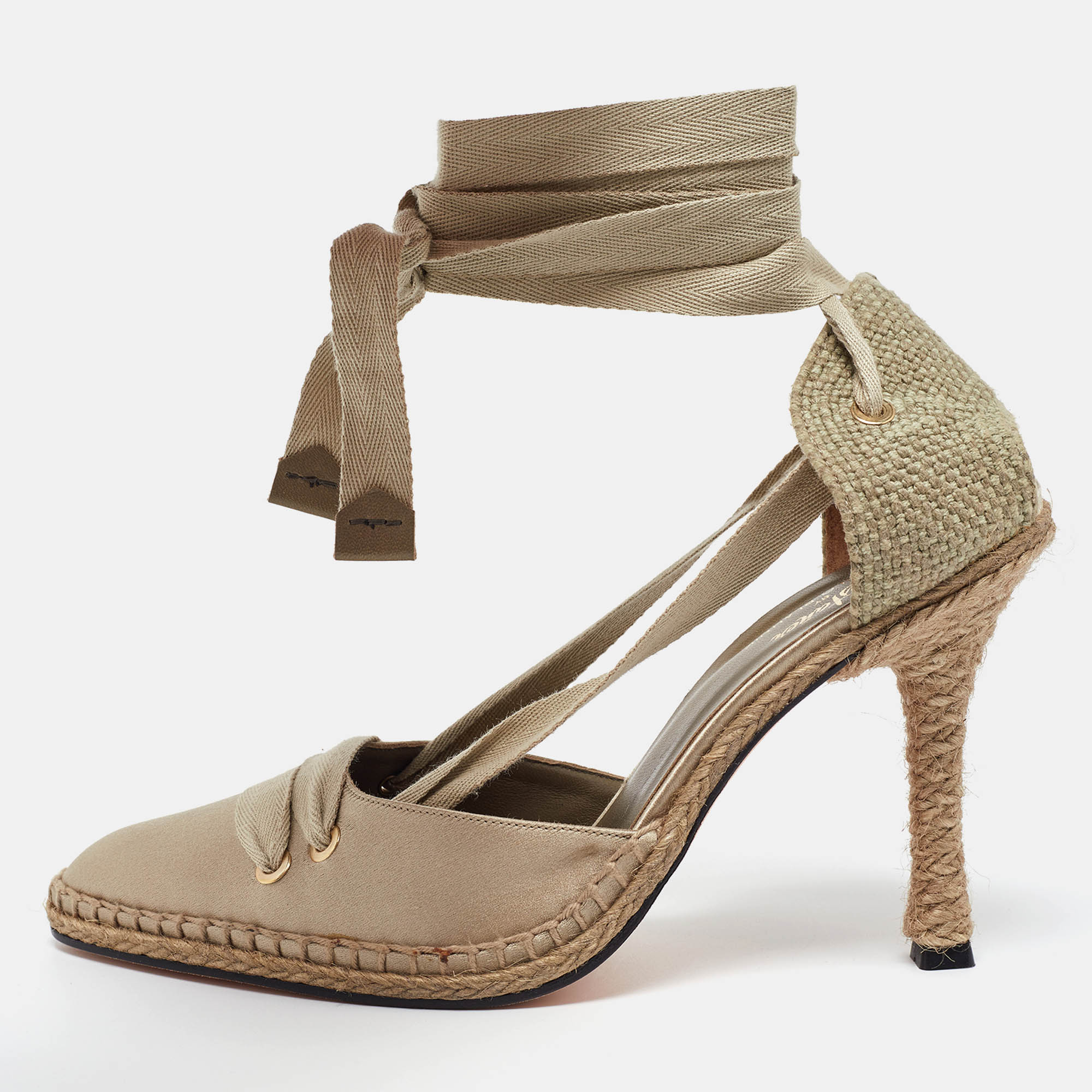 

Castaner By Manolo Blahnik Beige Satin and Canvas Espadrille Ankle Tie Pumps Size