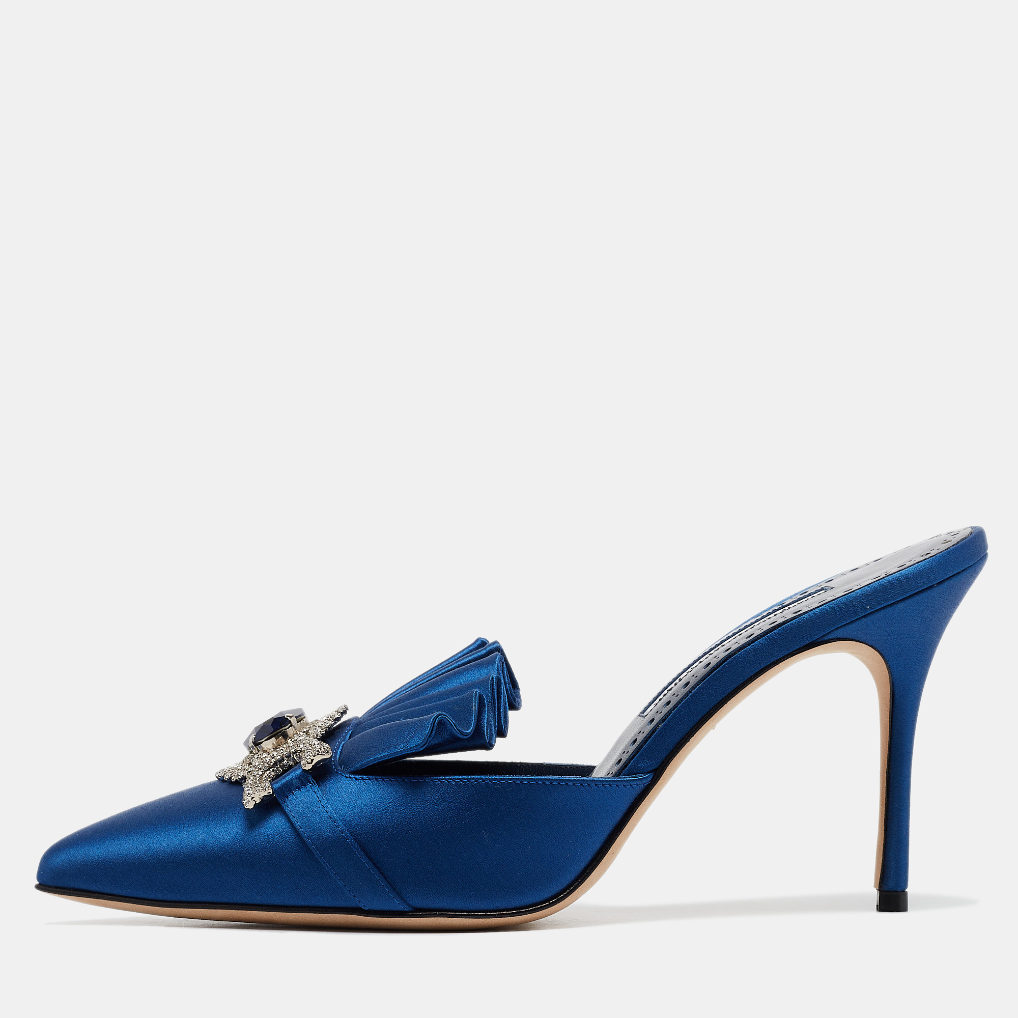 

Manolo Blahnik Blue Satin Crystal Embellished Hosios Mules Size