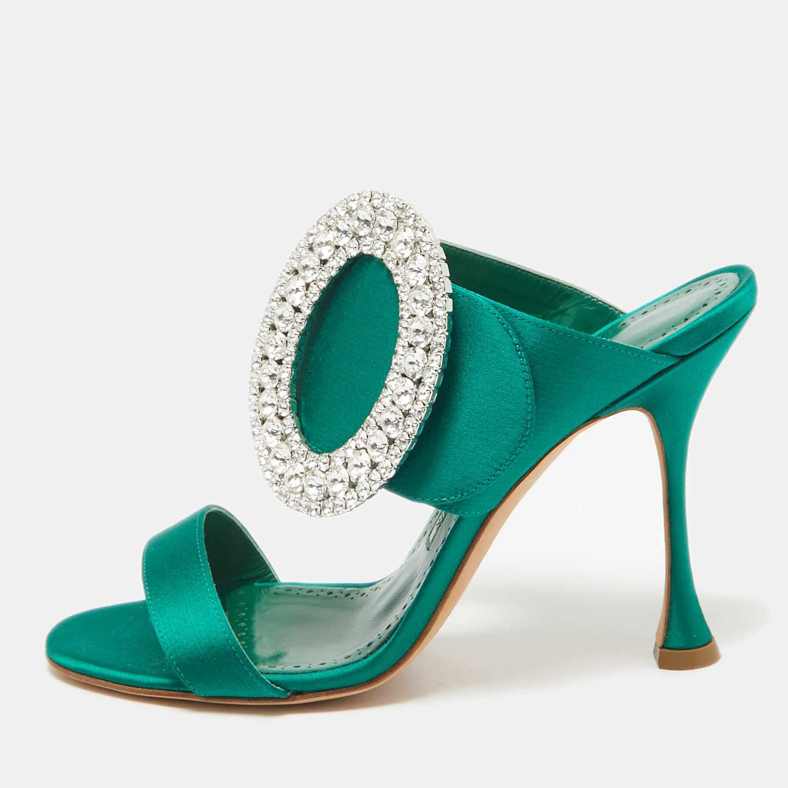 

Manolo Blahnik Green Satin Fibiona Slide Sandals Size