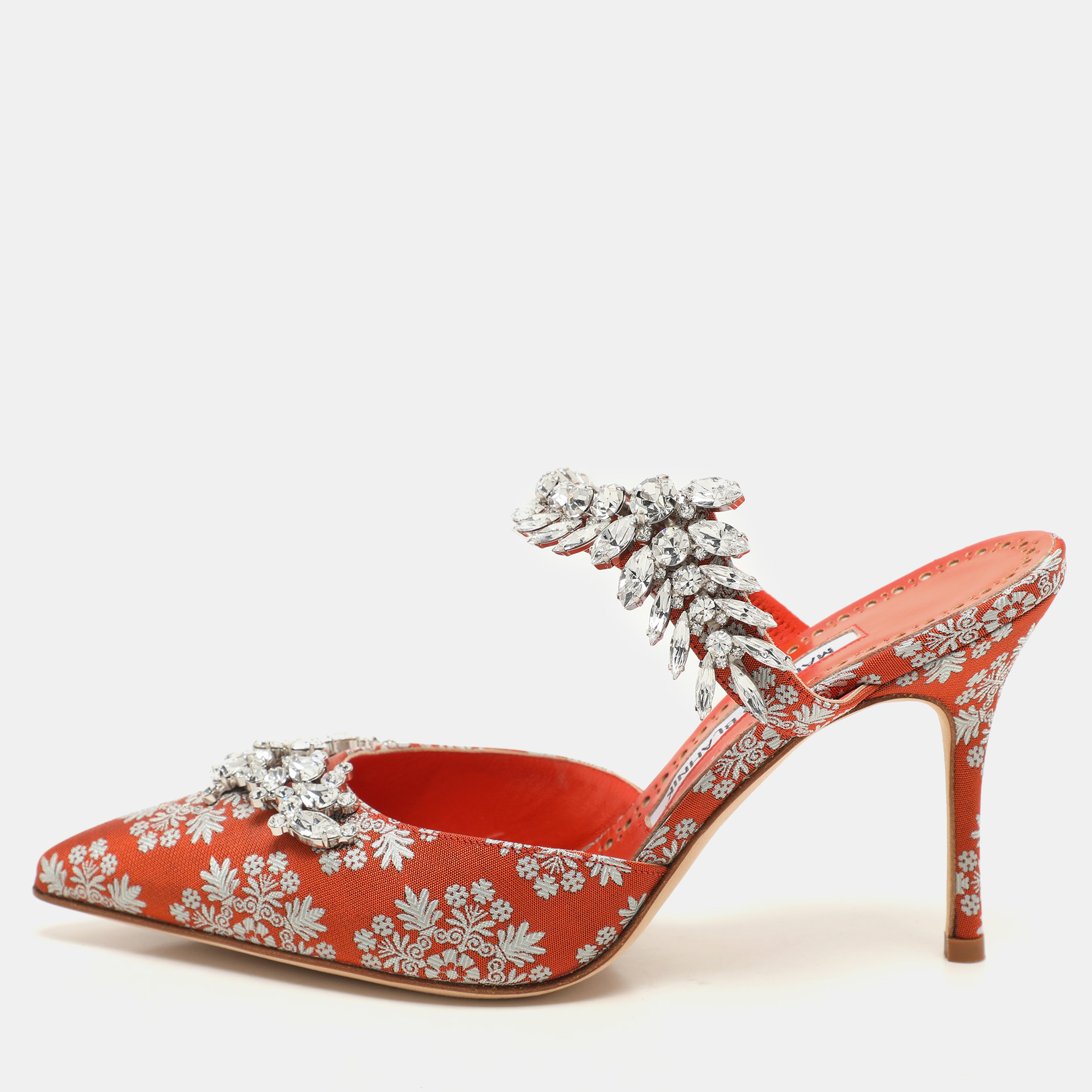 

Manolo Blahnik Orange Floral Jacquard Lurum Pointed Toe Mules Size