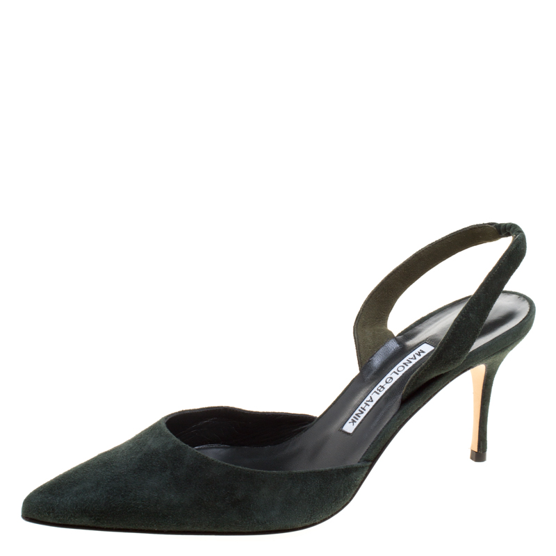Manolo Blahnik Moss Green Suede Carolyne Pointed Toe Slingback Sandals Size 39