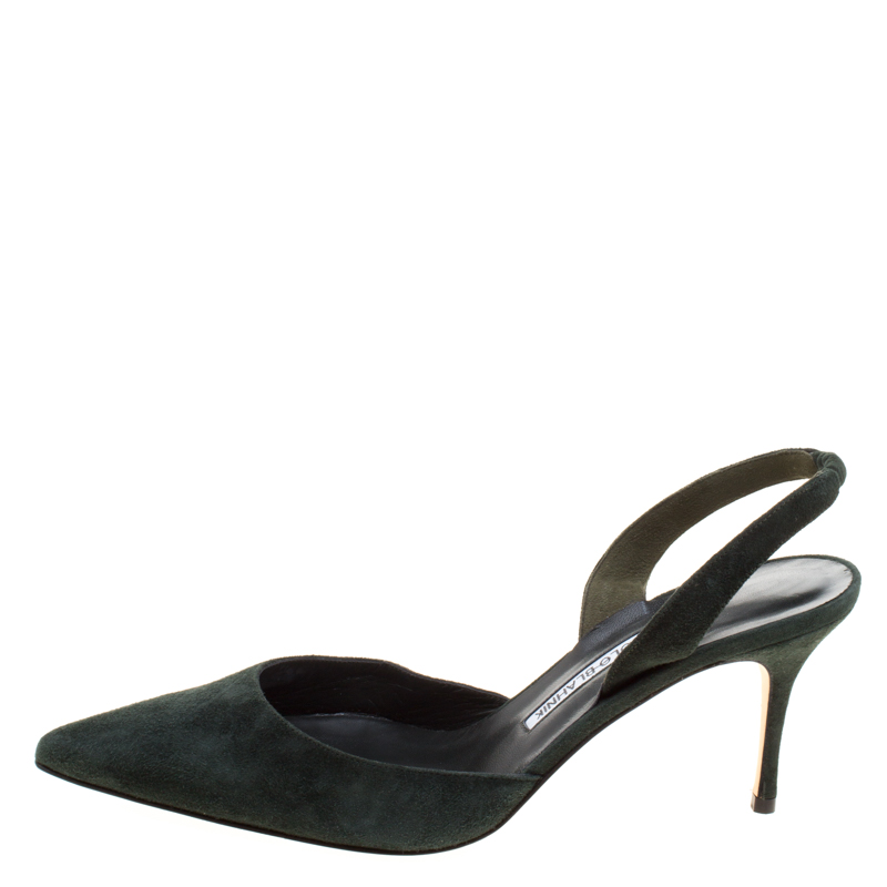 

Manolo Blahnik Moss Green Suede Carolyne Pointed Toe Slingback Sandals Size