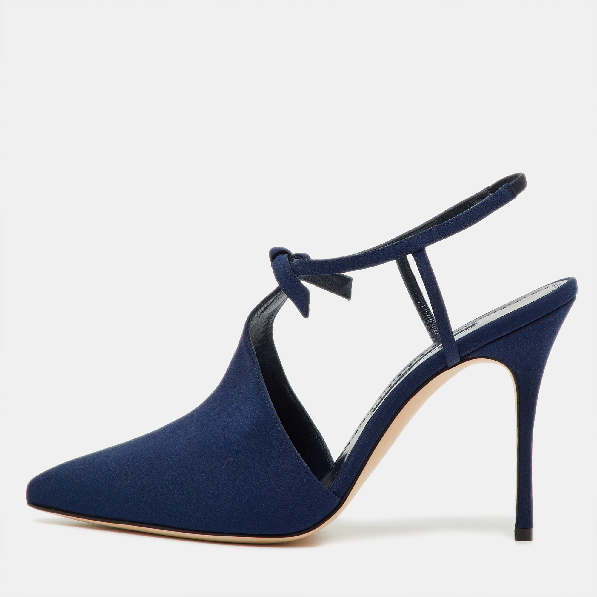 

Manolo Blahnik Navy Blue Fabric Corintia Bow Pointed Toe Slingback Mules Size