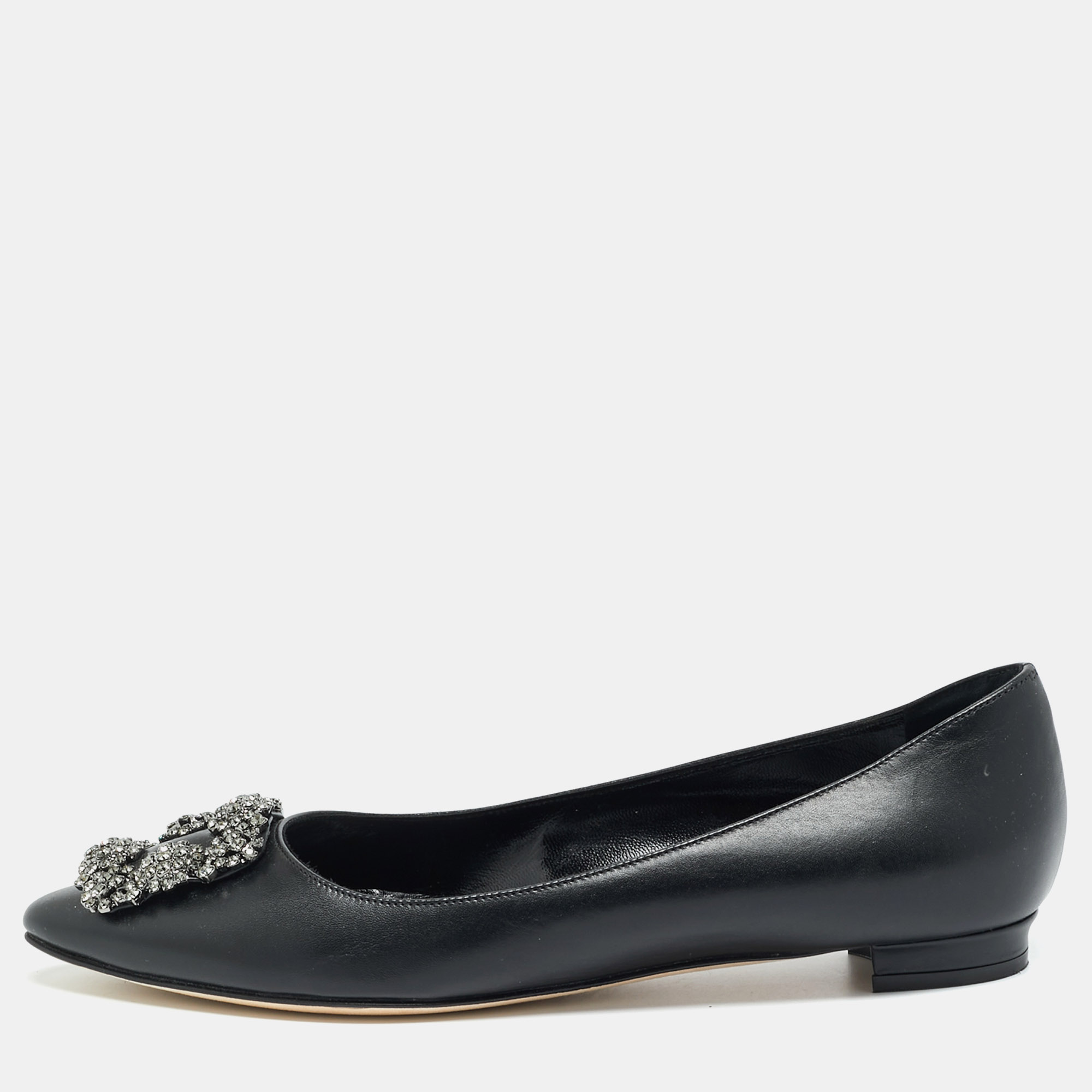 

Manolo Blahnik Hangisi Size  Black Leather Ballet Flats