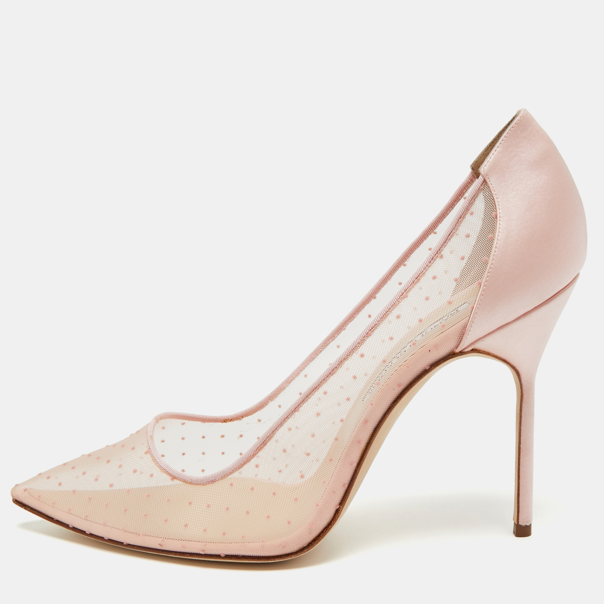 

Manolo Blahnik Bbla Size  Pink Polka Dot Mesh and Satin Pumps