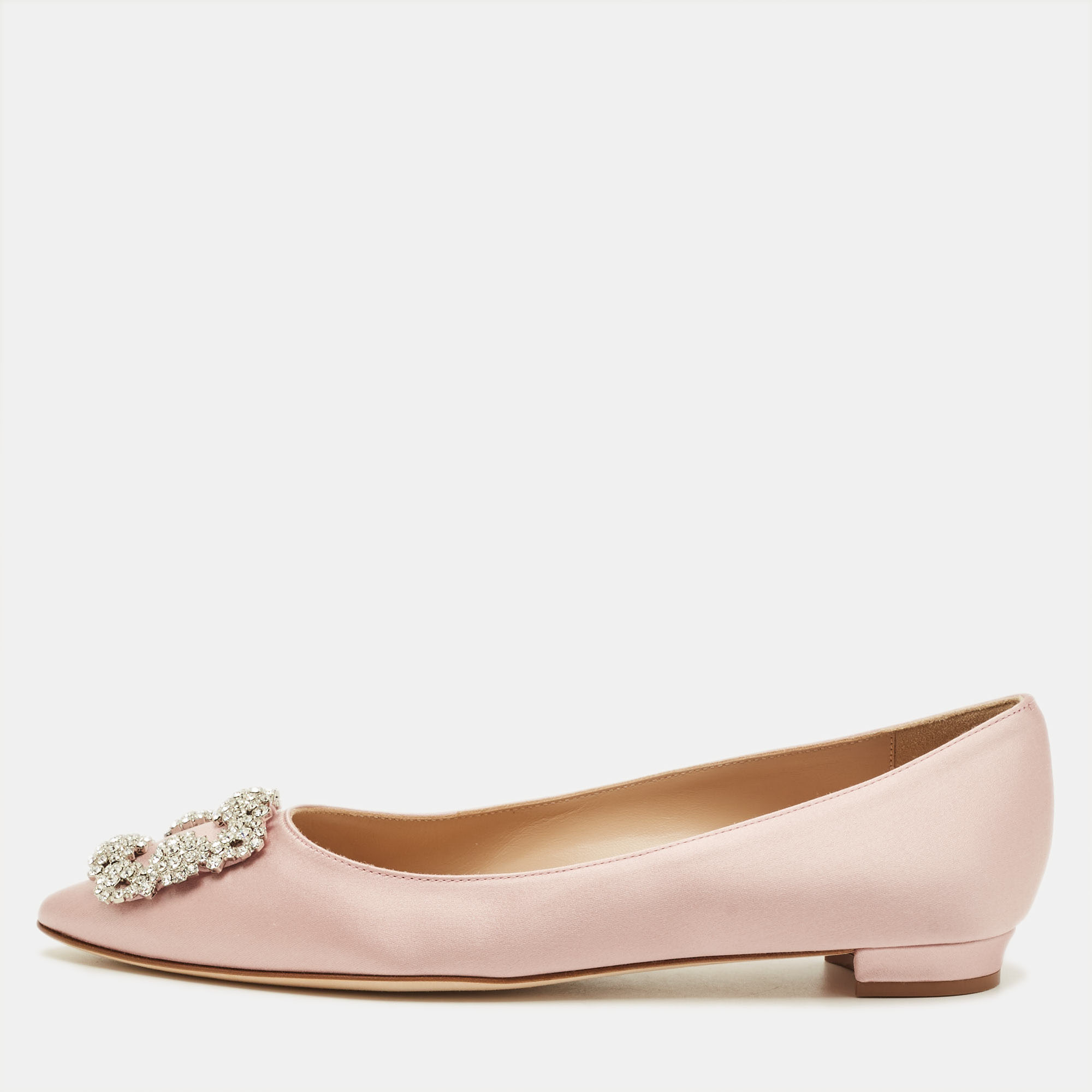 

Manolo Blahnik Hangisi Size  Pink Satin Crystal Embellished Ballet Flats