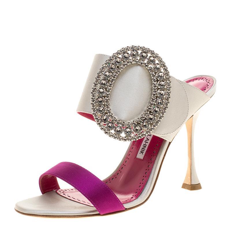 Manolo Blahnik Two Tone Satin Fibiona Crystal Embellished Mules Size 38