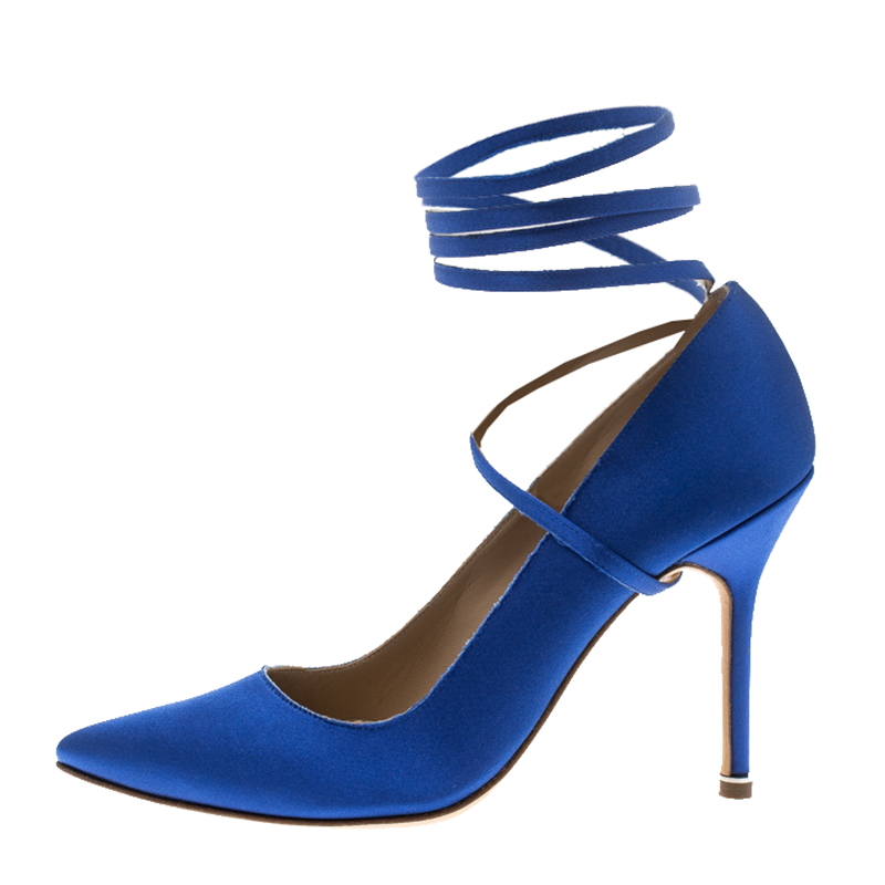 

Vetements + Manolo Blahnik Blue Satin Pointed Toe Ankle Tie Pumps Size