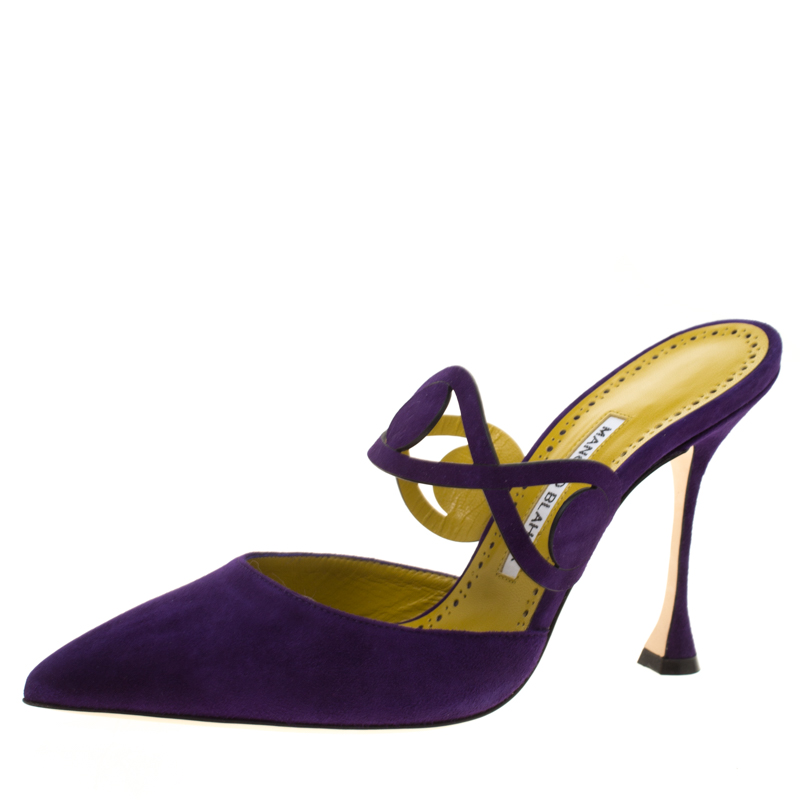 Manolo Blahnik Dark Purple Suede Mochetomu Cut Out Pointed Toe Mules Size 38