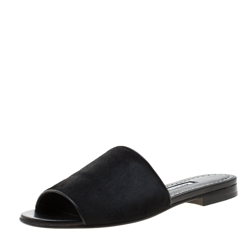 Manolo Blahnik Black Pony Hair Flat Slides Size 38.5