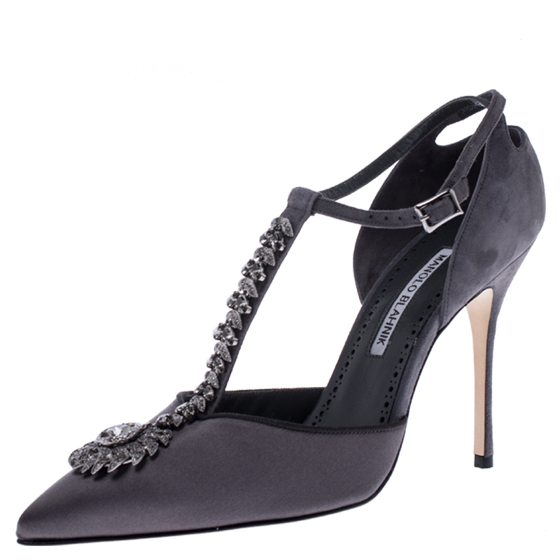 Pre Owned Manolo Blahnik Grey Satin Eridania Crystal Embellished Ankle Strap Pointed Toe Pumps Size 39 