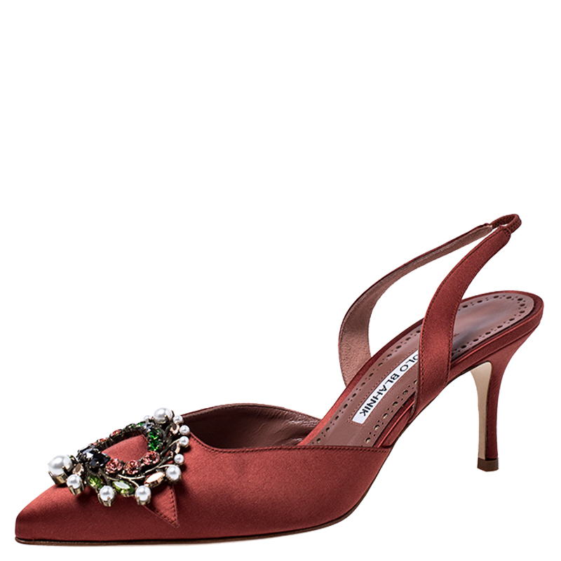 Pre Owned Manolo Blahnik Brown Satin Leona Slingback Sandals Size 37.5