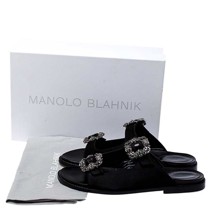 Manolo Blahnik Black Satin Sturlushangi Embellished Flat Sandals Size 38