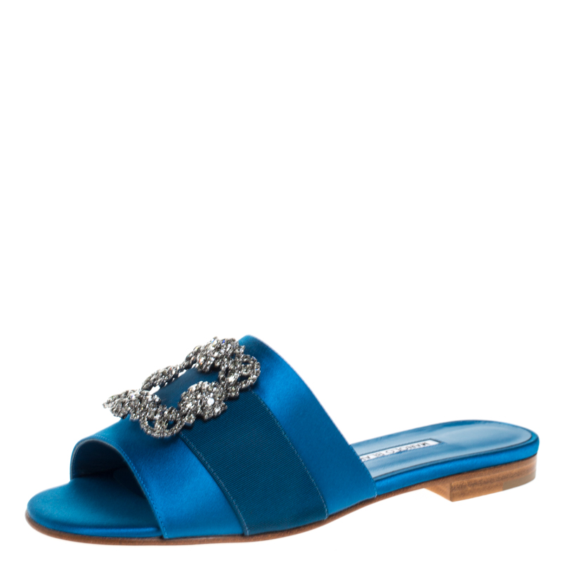 Pre Owned Manolo Blahnik Blue Satin Martmod Embellished Open Flat Slides Size 39