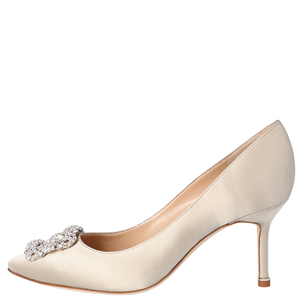 

Manolo Blahnik Beige Satin Hangisi Embellished Pumps Size