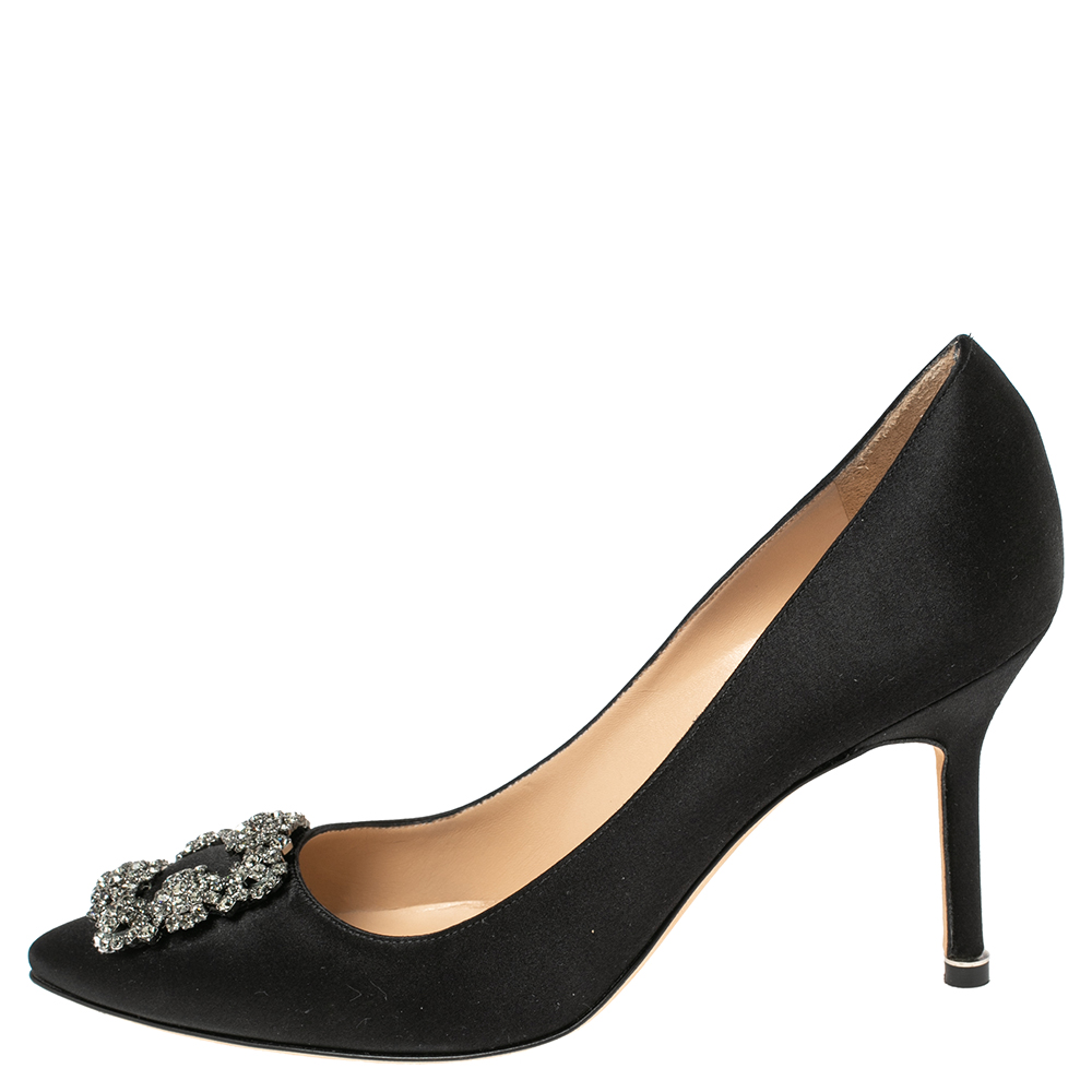 

Manolo Blahnik Black Satin Hangisi Pumps Size