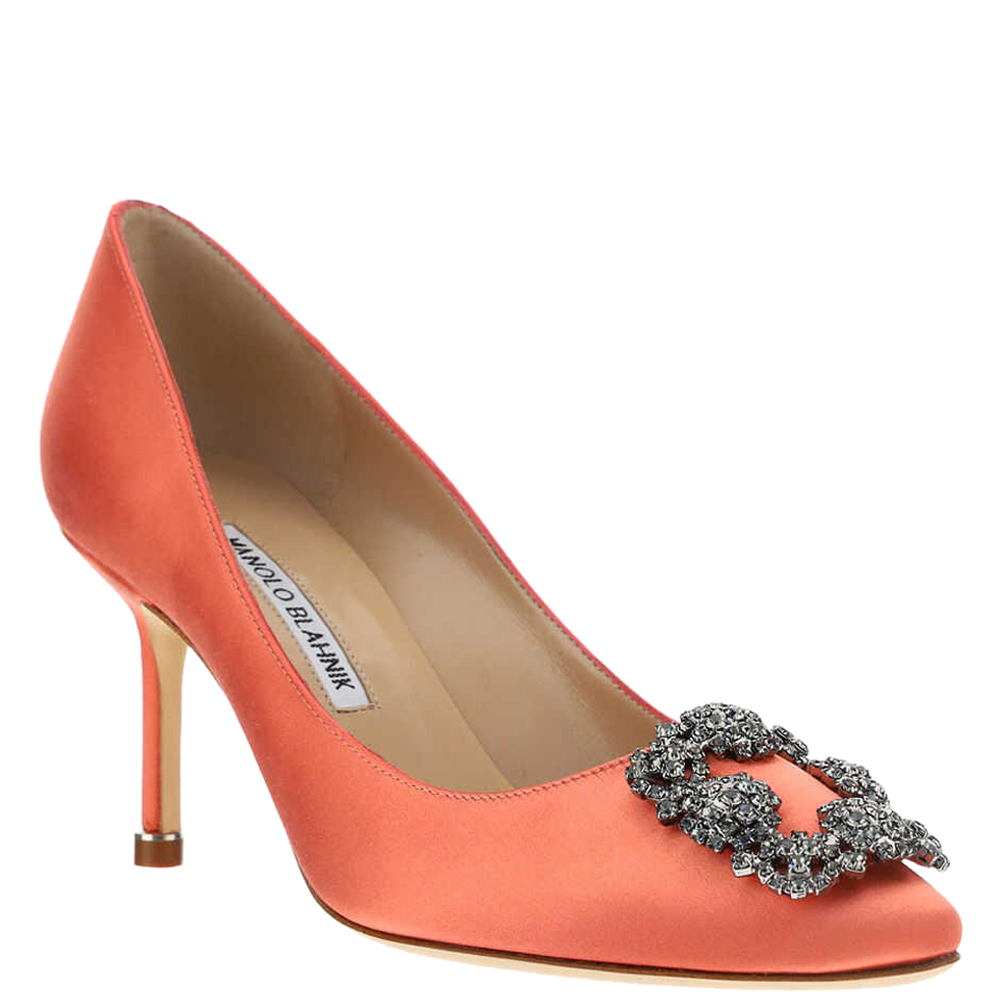 

Manolo Blahnik Orange Satin Jewel Buckle Hangisi Pumps Size IT