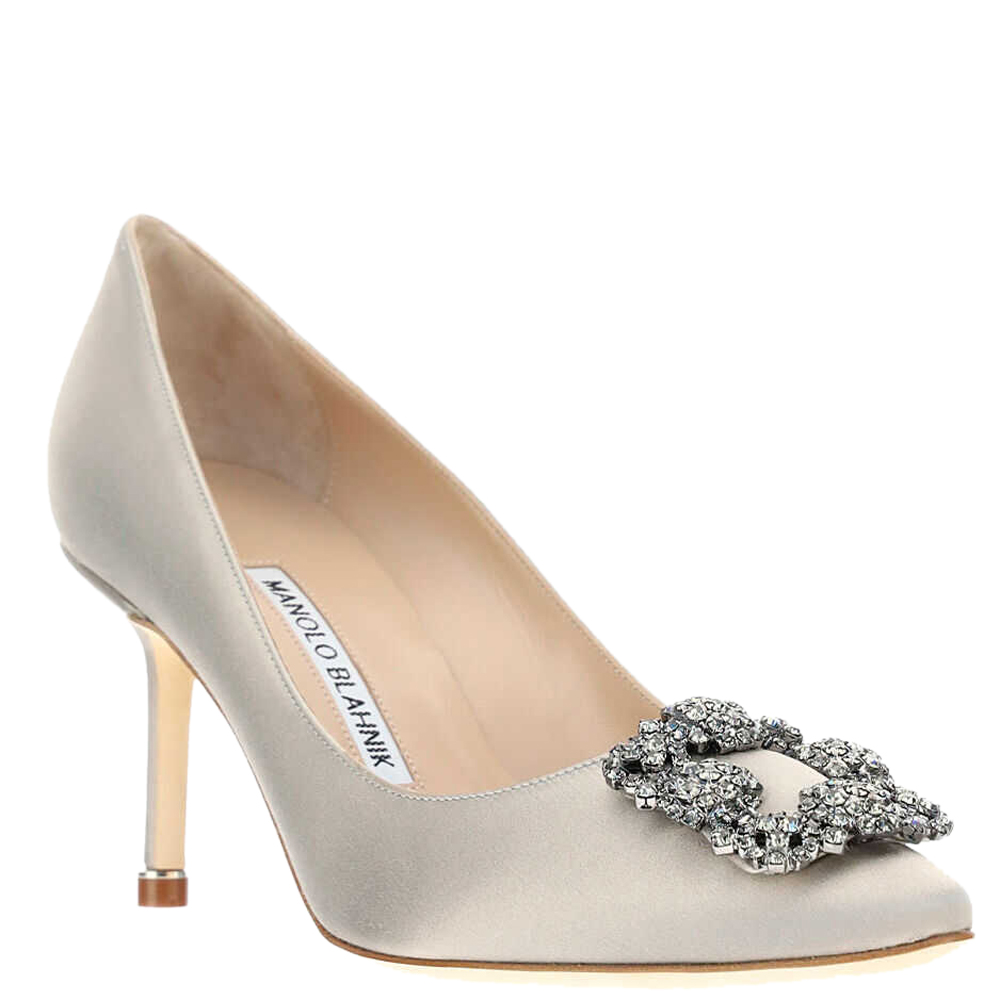 

Manolo Blahnik White Satin Jewel Buckle Hangisi Pumps Size IT