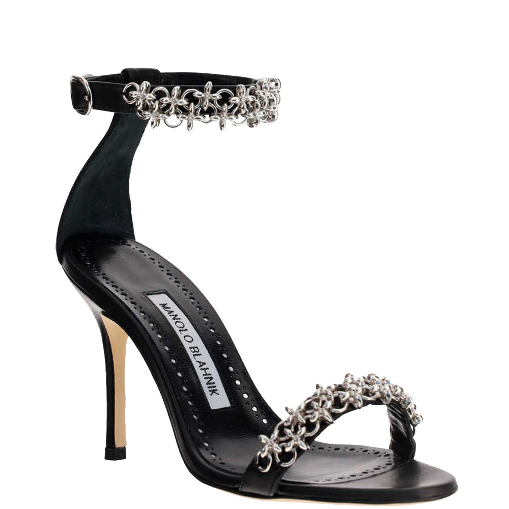 

Manolo Blahnik Black Leather Rekik 90 Sandals Size IT