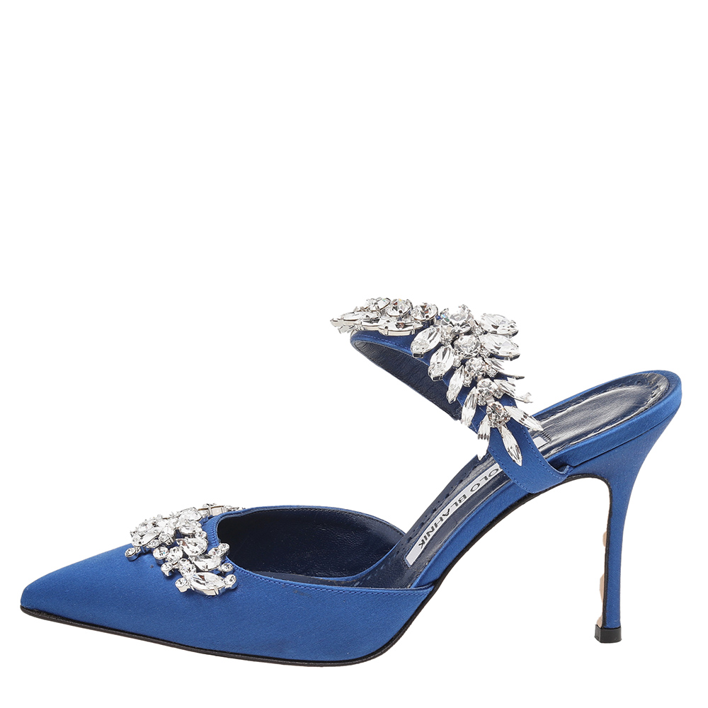 

Manolo Blahnik Blue Satin Lurum Crystal Embellished Pointed Toe Sandals Size