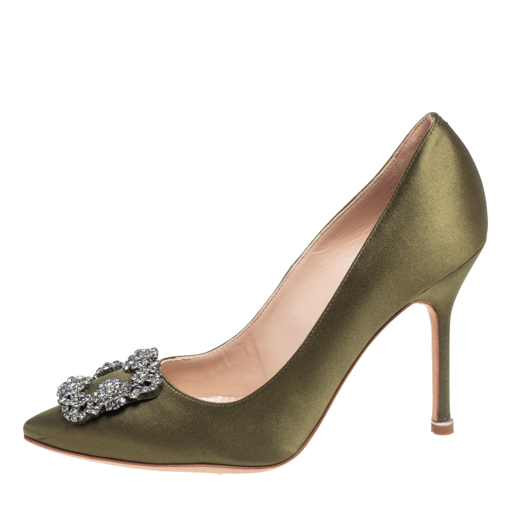

Manolo Blahnik Green Satin Hangisi Pumps Size